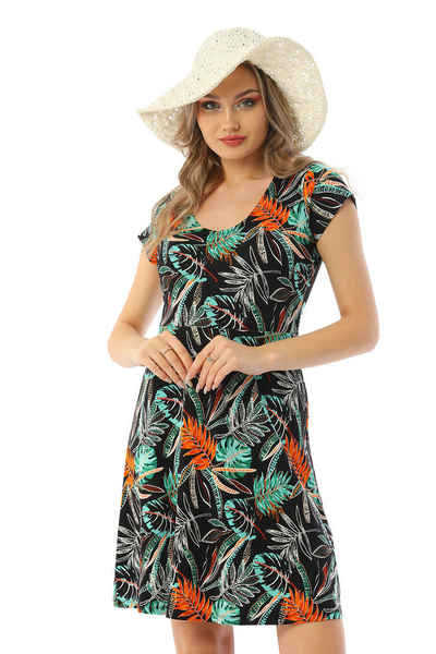 Bongual Jerseykleid Sommerkleid kurze Ärmel mit Palmenblätter Print