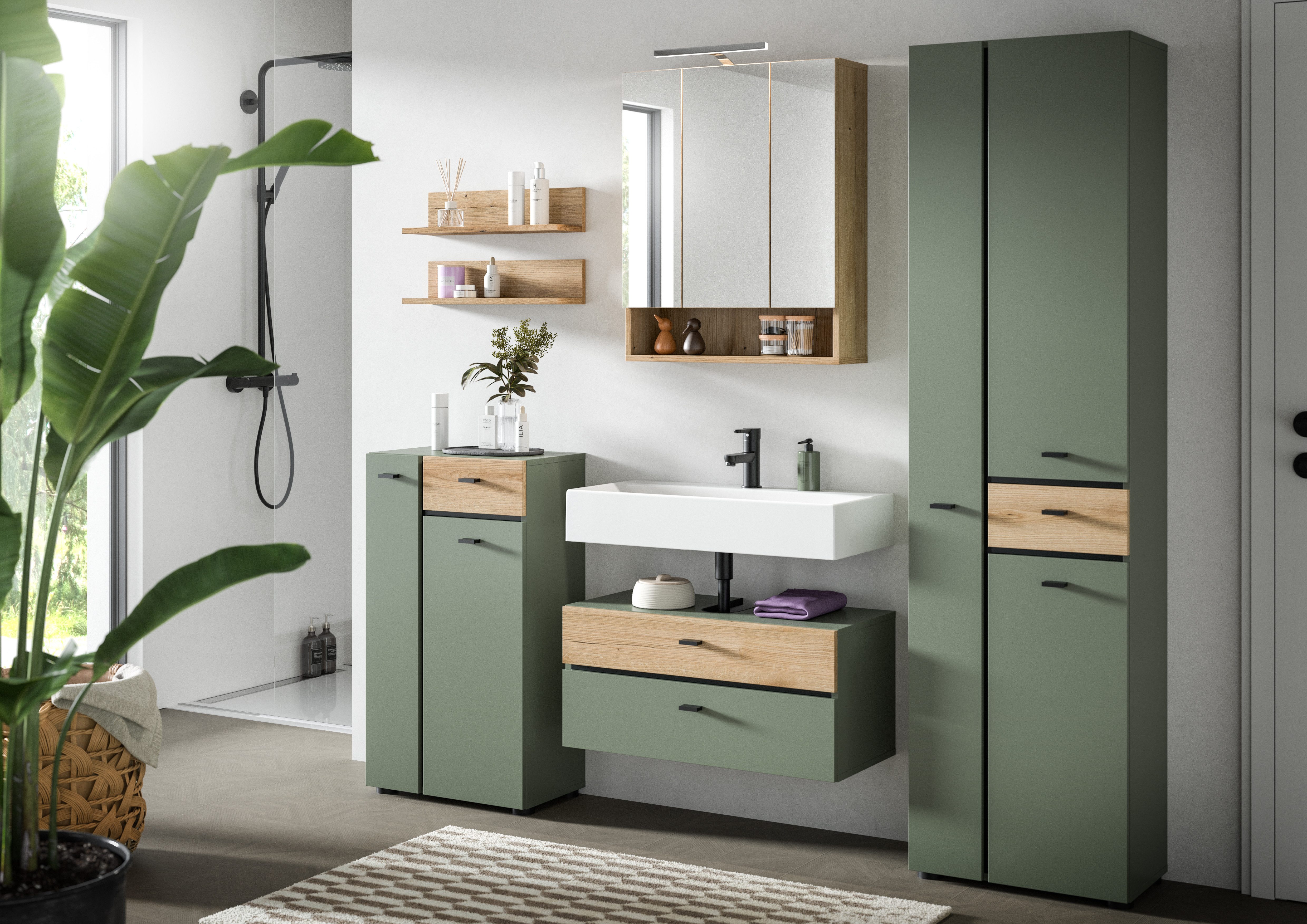 welltime Badmöbel-Set VANN, 6-teilige moderne Badkombination, inkl. Beleuchtung, (6-St., Midischrank, 2er Set Wandregal, WBU, Spiegelschrank, Hochschrank), Bad-Kombination, Bad-Möbel, Badezimmer, Kombination, Kombi, Bad-Set