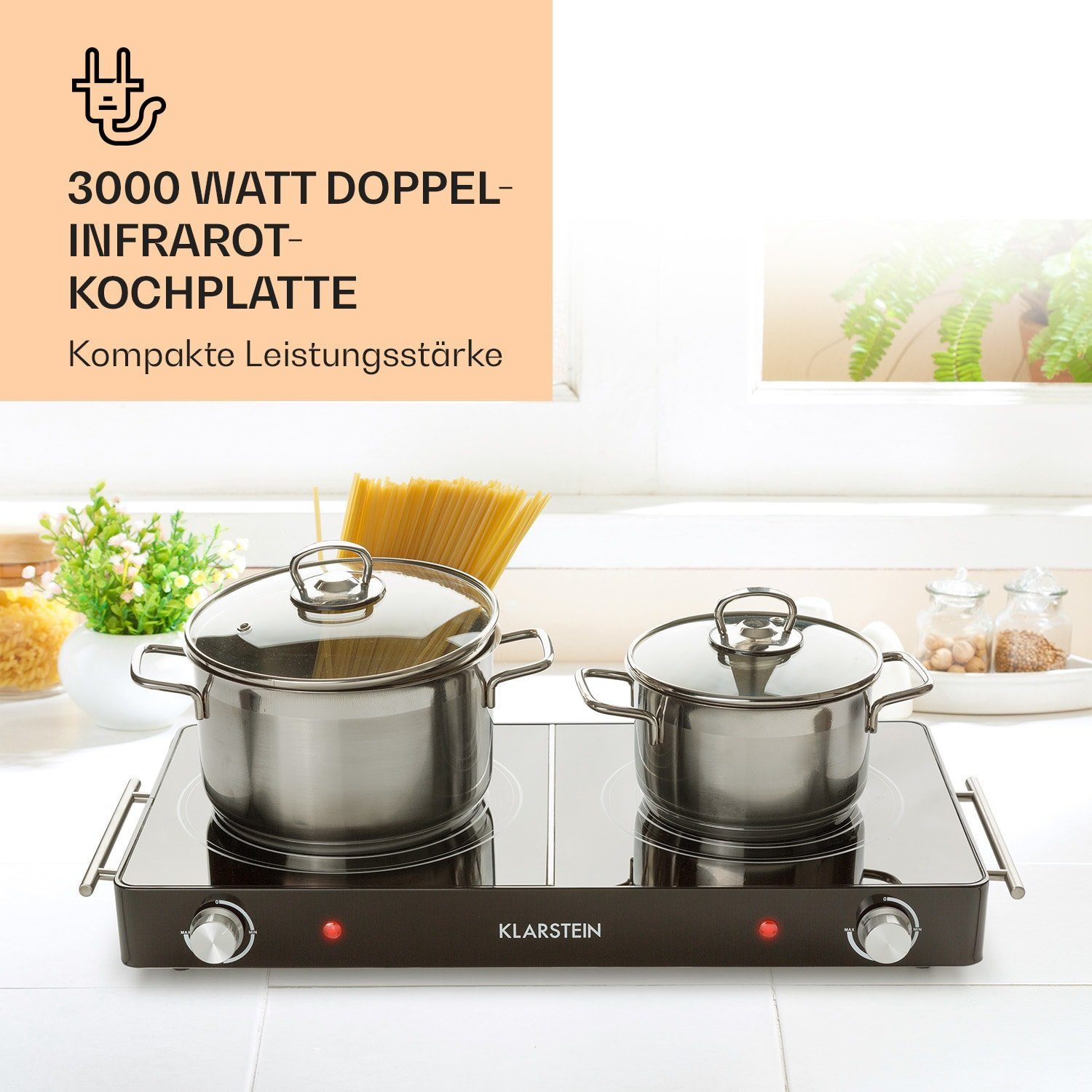 VariCook 3000W Doppelkochplatte Duo 2 Klarstein Kochfeld Tragegriffe, Edelstahlgehäuse Schwarz Glaskeramik Kochplatte Kochplatte Platten