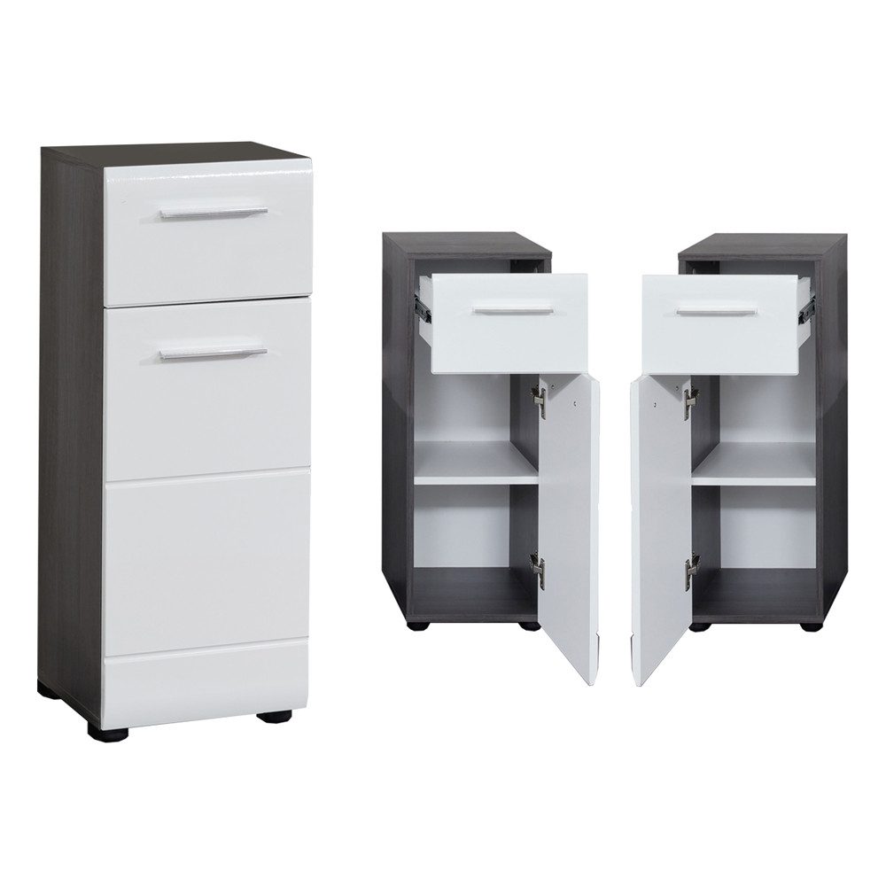 Lomadox Unterschrank LISBOA-19 Badezimmer in Weiß Hochglanz mit Sardegna Rauchsilber, : 30/80/31 cm