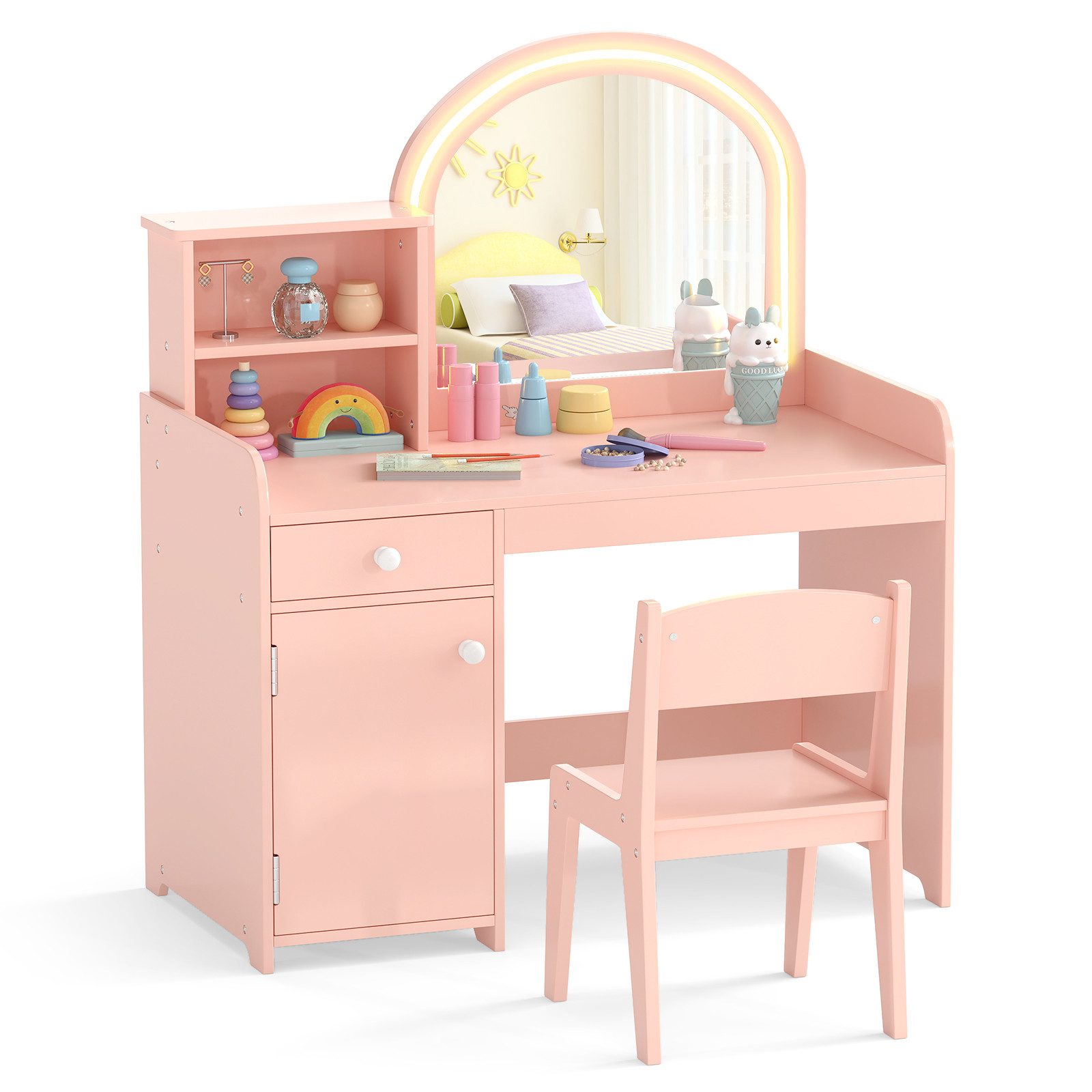 COSTWAY Schminktisch Kinder, mit Stuhl & LED Spiegel & Schublade, ab 3 Jahre