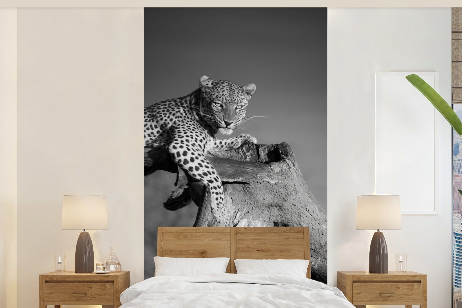 MuchoWow Fototapete Panther - Baum - Tiere - Schwarz - Weiß, Matt, bedruckt, (2 St), Vliestapete für Wohnzimmer Schlafzimmer Küche, Fototapete