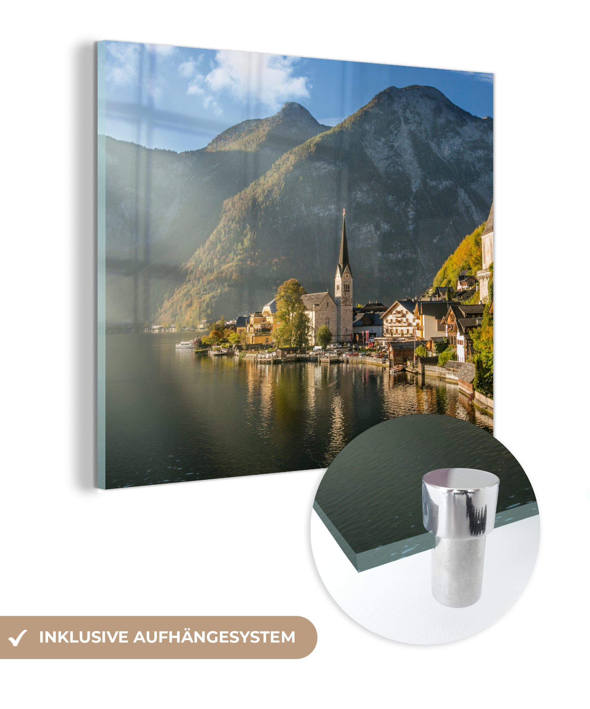 MuchoWow Acrylglasbild Die Sonne scheint auf Hallstatt in Österreich, (1 St), Glasbilder - Bilder auf Glas Wandbild - Foto auf Glas - Wanddekoration