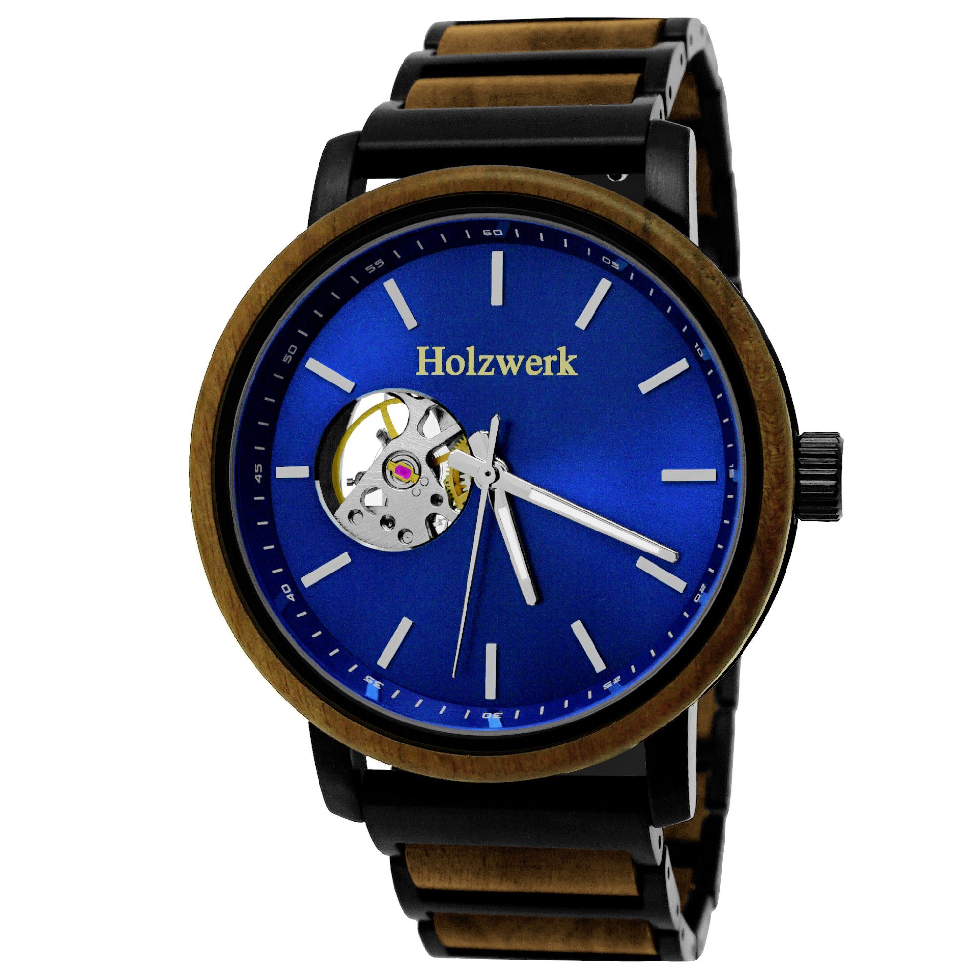 Holz Automatikuhr CLAUSTHAL schwarz, Armband Edelstahl Herren braun, & Uhr, Holzwerk blau