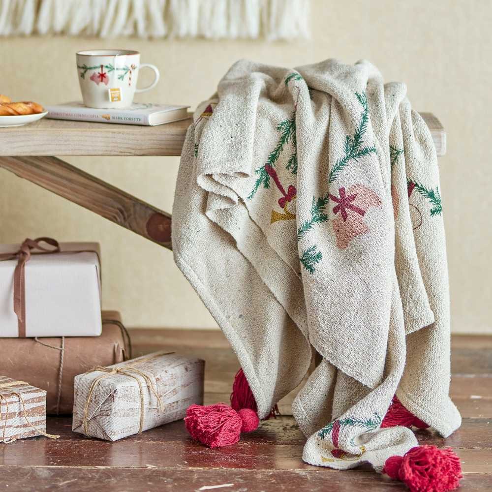 Wolldecke Bloomingville Decke YULE Natur Weihnachtsmotiv günstig online kaufen