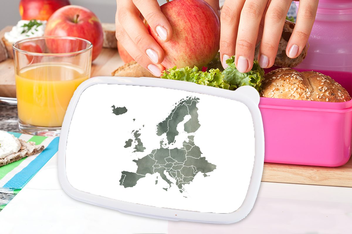MuchoWow Lunchbox Karte von Europa (2-tlg), Mädchen, Brotbox Snackbox, Aquarell für Kunststoff, - Kunststoff Kinder, - Erwachsene, rosa Grau, Brotdose