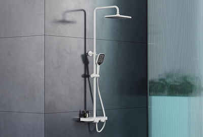 Bernstein Duschsystem mit Thermostat Weiß matt, Regendusche Duschbrause, mit Anti-Kalk-Düsen, Höhenverstellbare Duschstange