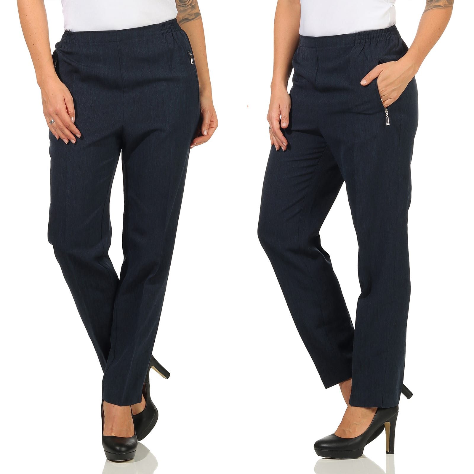 Aurela Damenmode Schlupfhose Stoffhose Damen Anzug- oder Business Hose Kurzgröße Teil-Gummizug, Bügelfalte, Reißverschlusstaschen