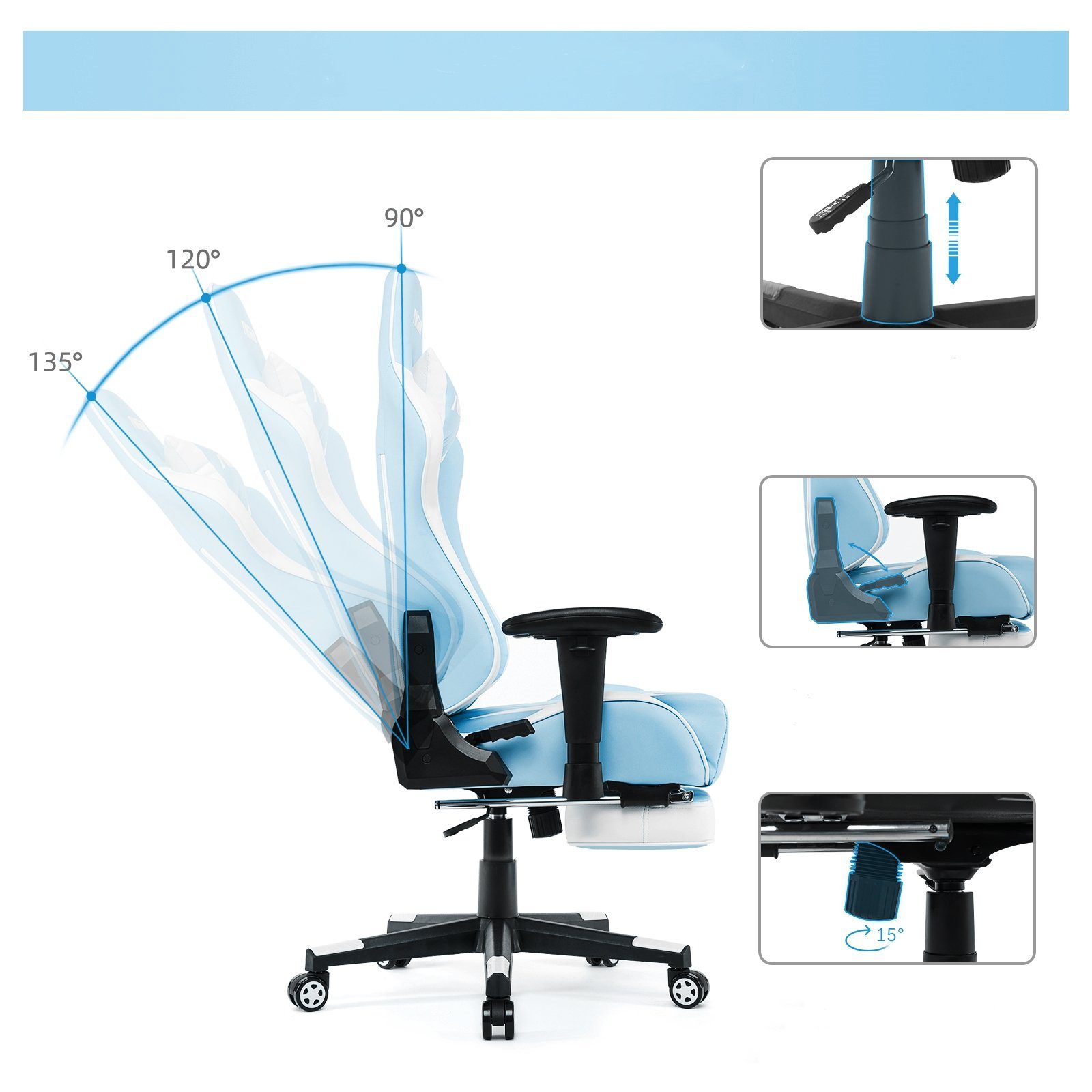 Intimate WM Bürostuhl Versenkbarer Gaming-Stuhl Ergonomischer mit Hellblau Fußstütze Heart