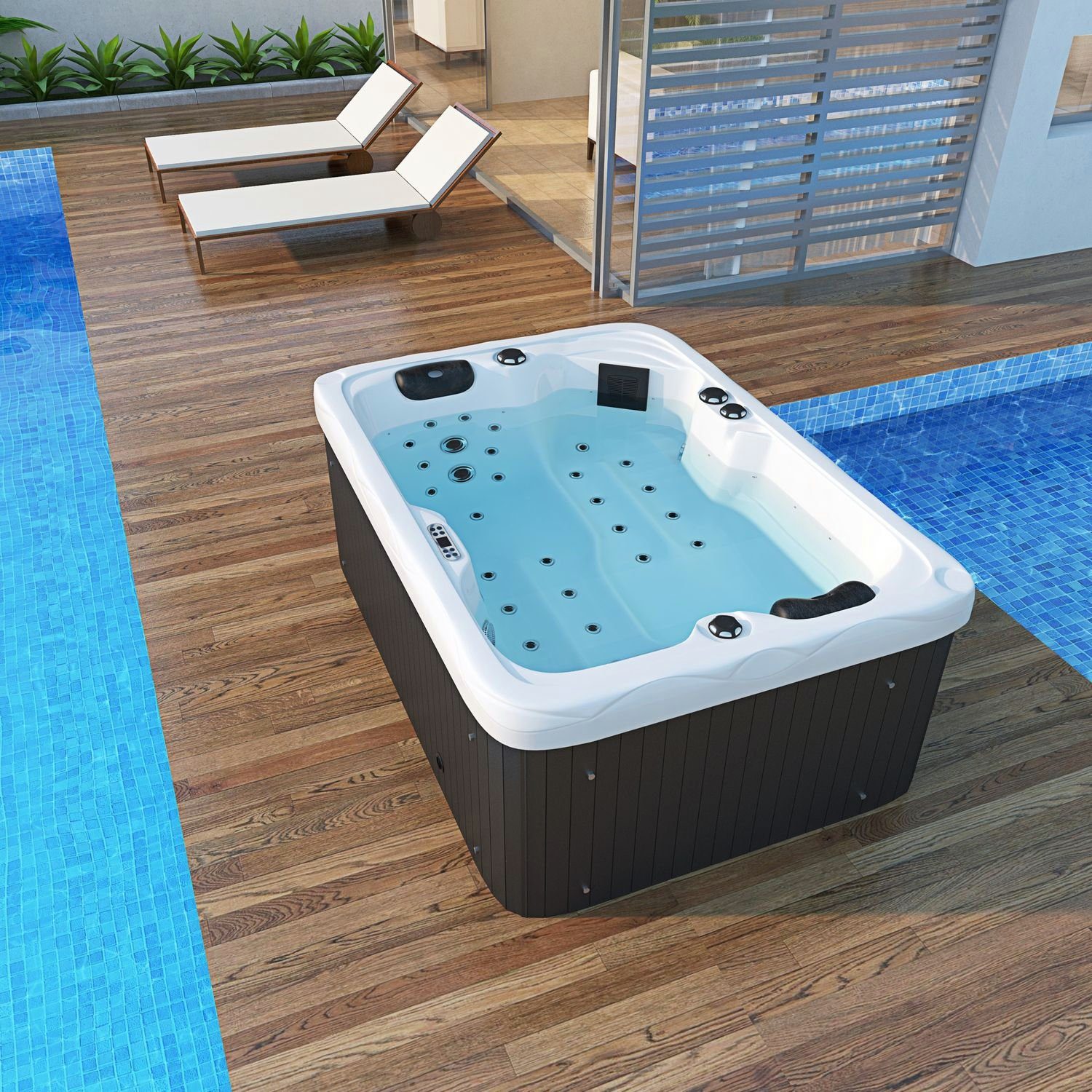 TroniTechnik Whirlpool Outdoor Whirlpool LEVANZO weiß, Bluetooth-Soundsystem, 2 Lautsprechern,Marken-Steuereinheit