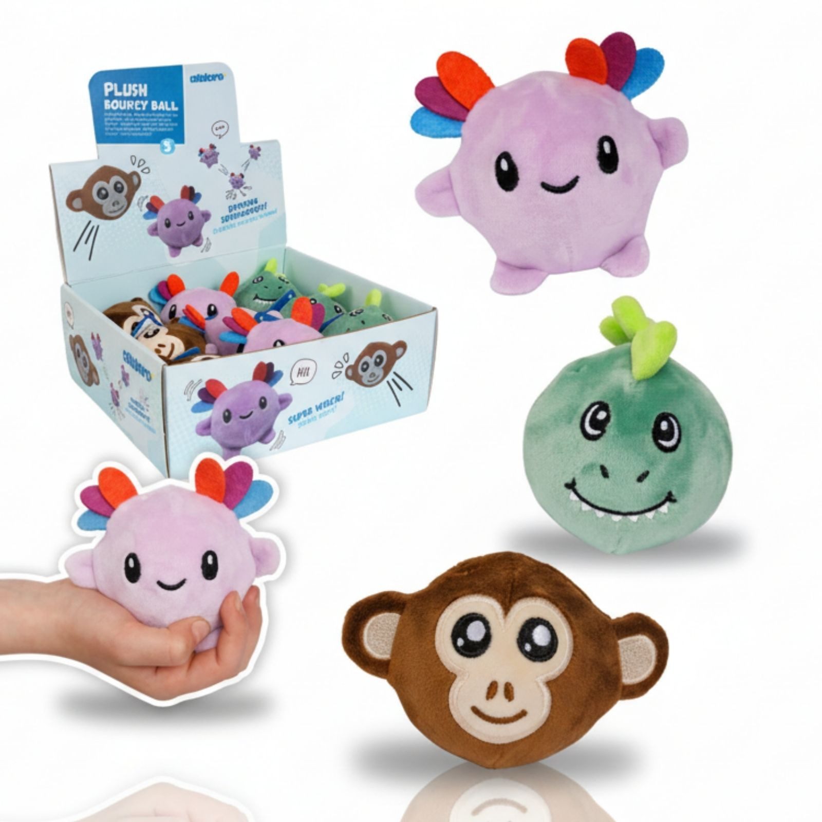 alldoro Flummi 9 süße Plüsch-Flummis im Set, Dino, Affe & Axolotl, Ø 6 cm, für Kinder, Gummibälle mit hoher Sprungkraft, als Mitgebsel zum Kindergeburtstag