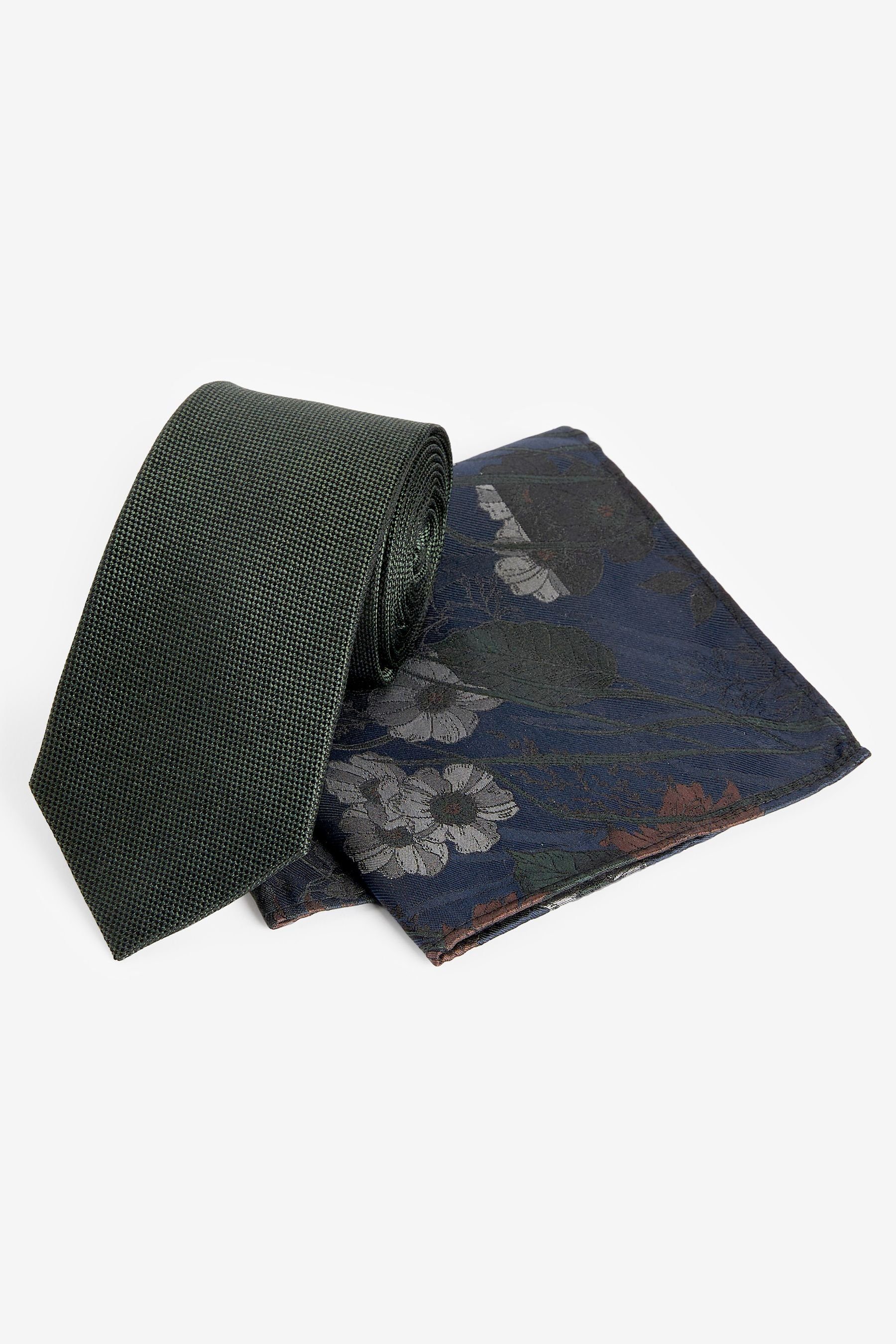 Next Krawatte Set aus Seidenkrawatte und Einstecktuch (2-St) Forest Green/Navy Blue Floral