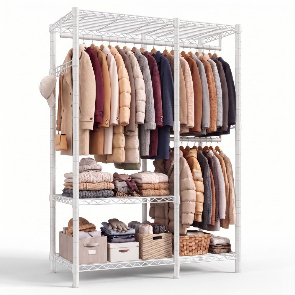 Klyvvo Kleiderständer Offener Kleiderschrank mit 3 Regalböden & 4 Haken für Mäntel, Jacken, (1 St., Höhenverstellbarer Kleiderständer mit 2 Kleiderstangen), 200 KG Tragfähigkei, für Schlafzimmer, Eingangsbereich, Weiß
