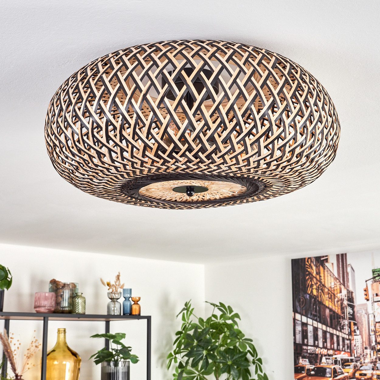 hofstein Deckenleuchte Deckenlampe aus Metall/Bambus in Schwarz/Natur, ohne Leuchtmittel, Boho-Style, skandinavisches Design, Schirm Ø 50cm, Lichteffekt, 3x E27