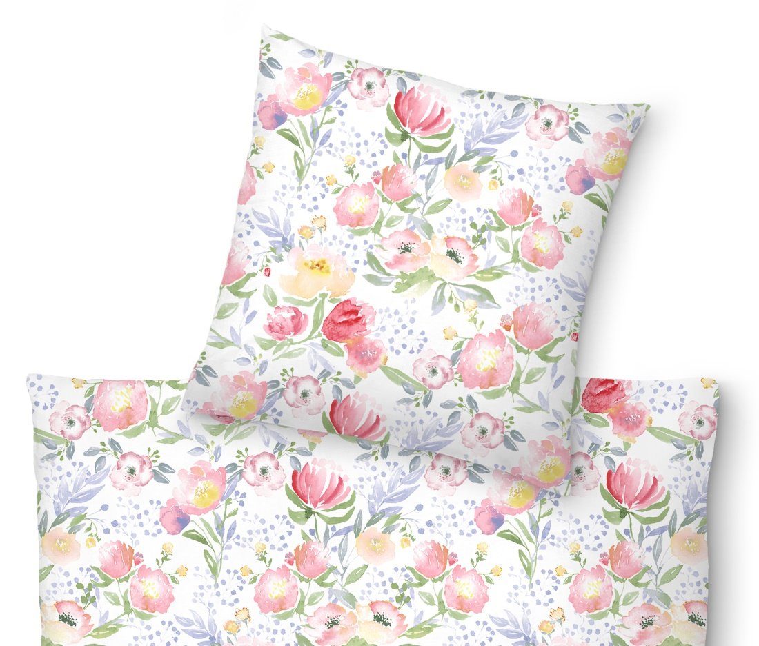 LIVING DREAMS Bettwäsche AQUARELL FLOWERS reine Baumwolle Satin made in Europe, Satin, 2 teilig, angenehmes Hautgefühl natürlich zartes Blumenmuster Anemonen
