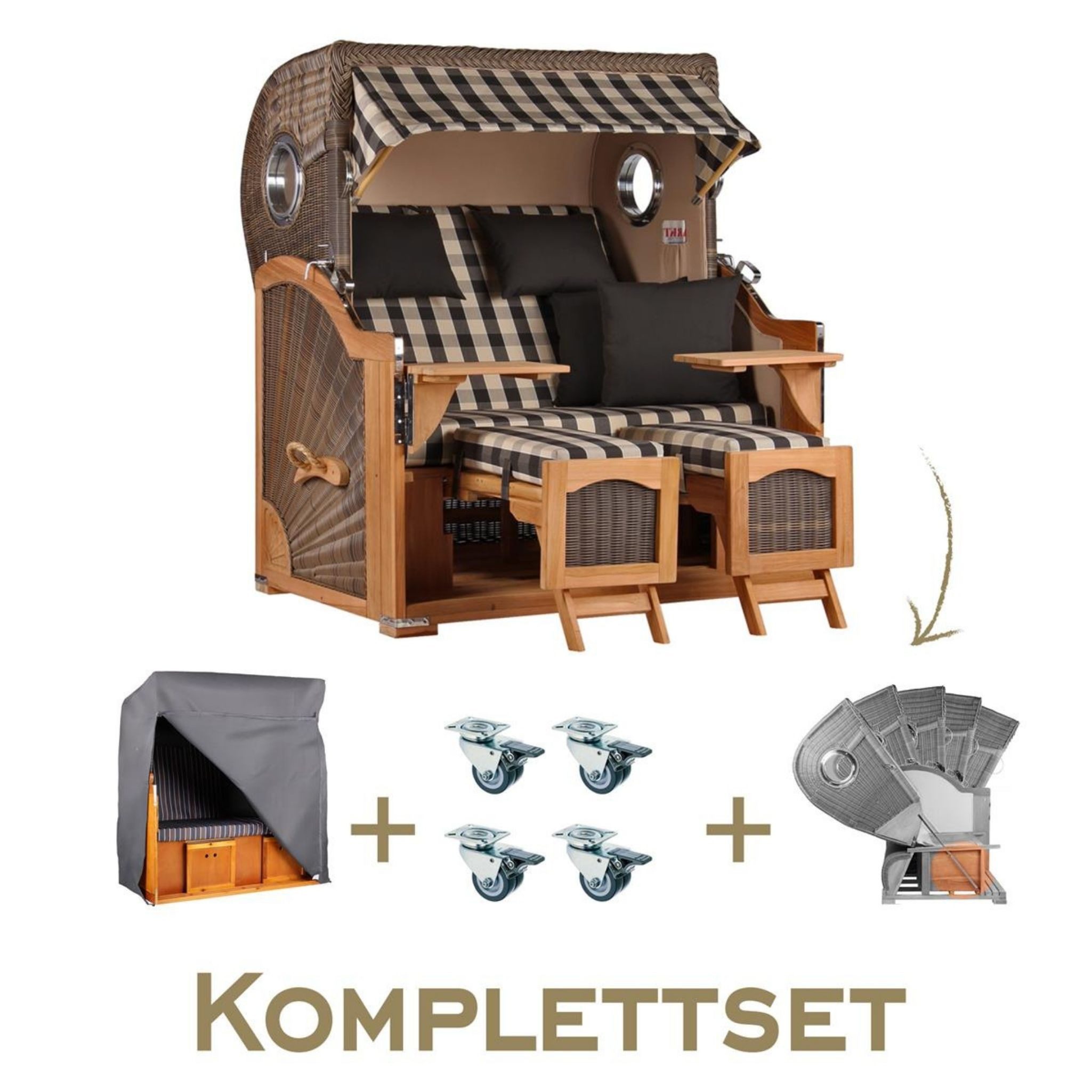 MR.DEKO Strandkorb 2,5 Sitzer Düne Grande, wetterfest mit Bullauge Teak PE Grey XL, BxTxH: 142x95x170 cm, Volllieger, Düne Grande, (Luxus-Komplettset 4-tlg. inkl. Abdeckhaube, 4-tlg., Strandkorb inkl. Aero Protect, Rollen & Lifter-Set), Wetterfestes Komplettset mit Rollen & Lifter, Fertig montiert