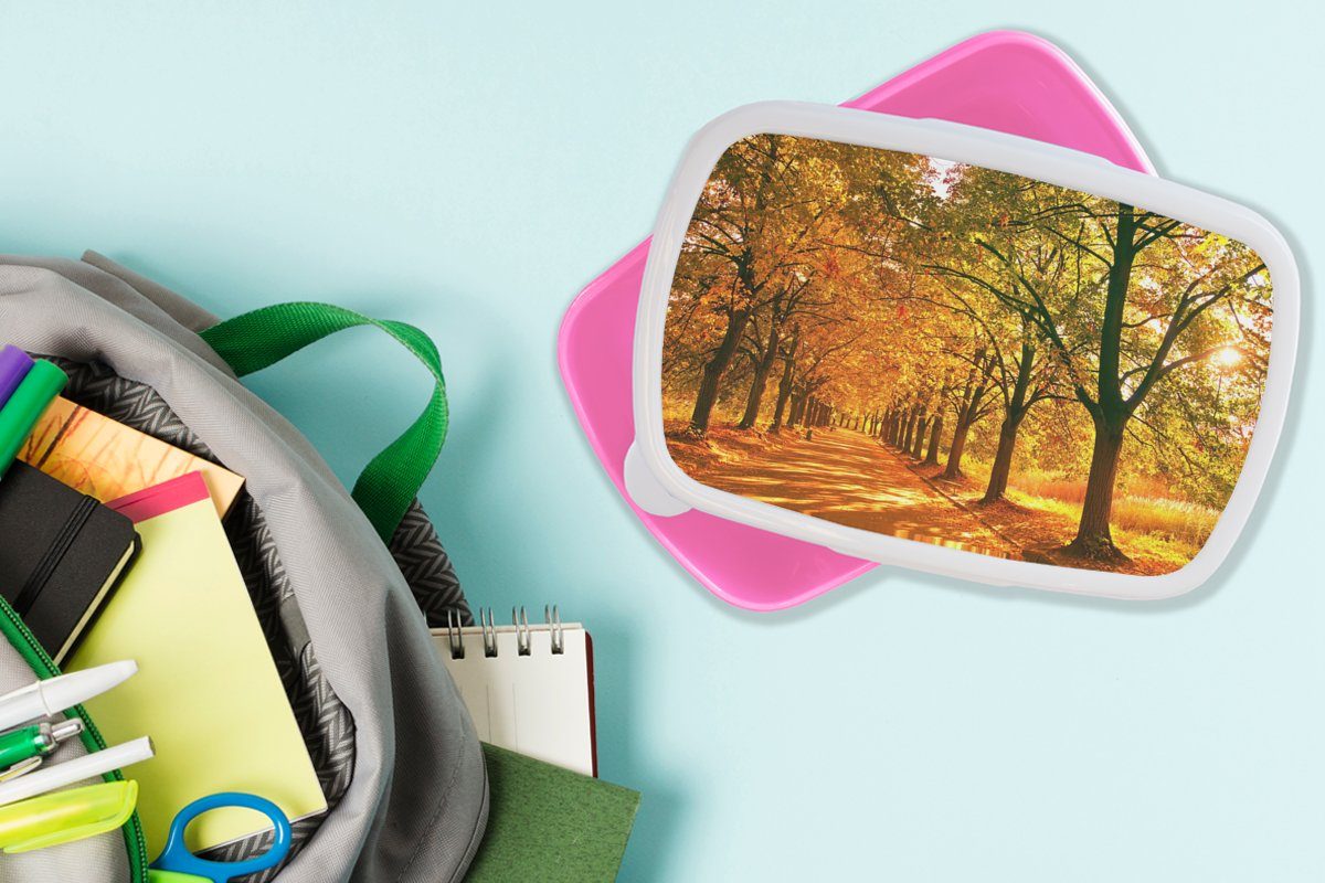 Lunchbox Brotdose - Ländlich, MuchoWow Kunststoff Erwachsene, - Herbst Brotbox Mädchen, Jahreszeiten Wald (2-tlg), Kinder, für rosa Snackbox, - Kunststoff,