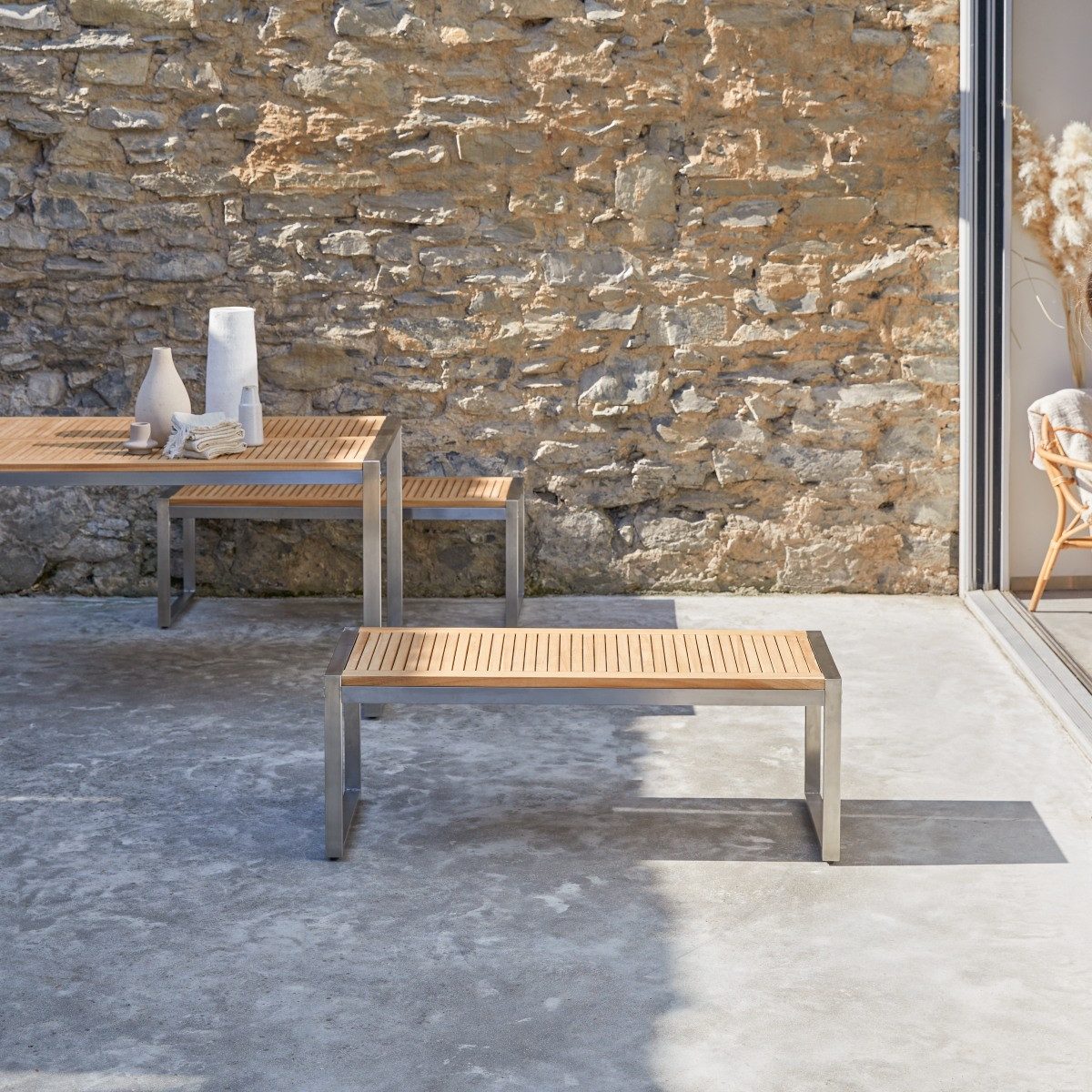 Tikamoon Gartenstuhl Gartenbank Bank Teak Edelstahl Lattenoptik Massivholz Tikamoon