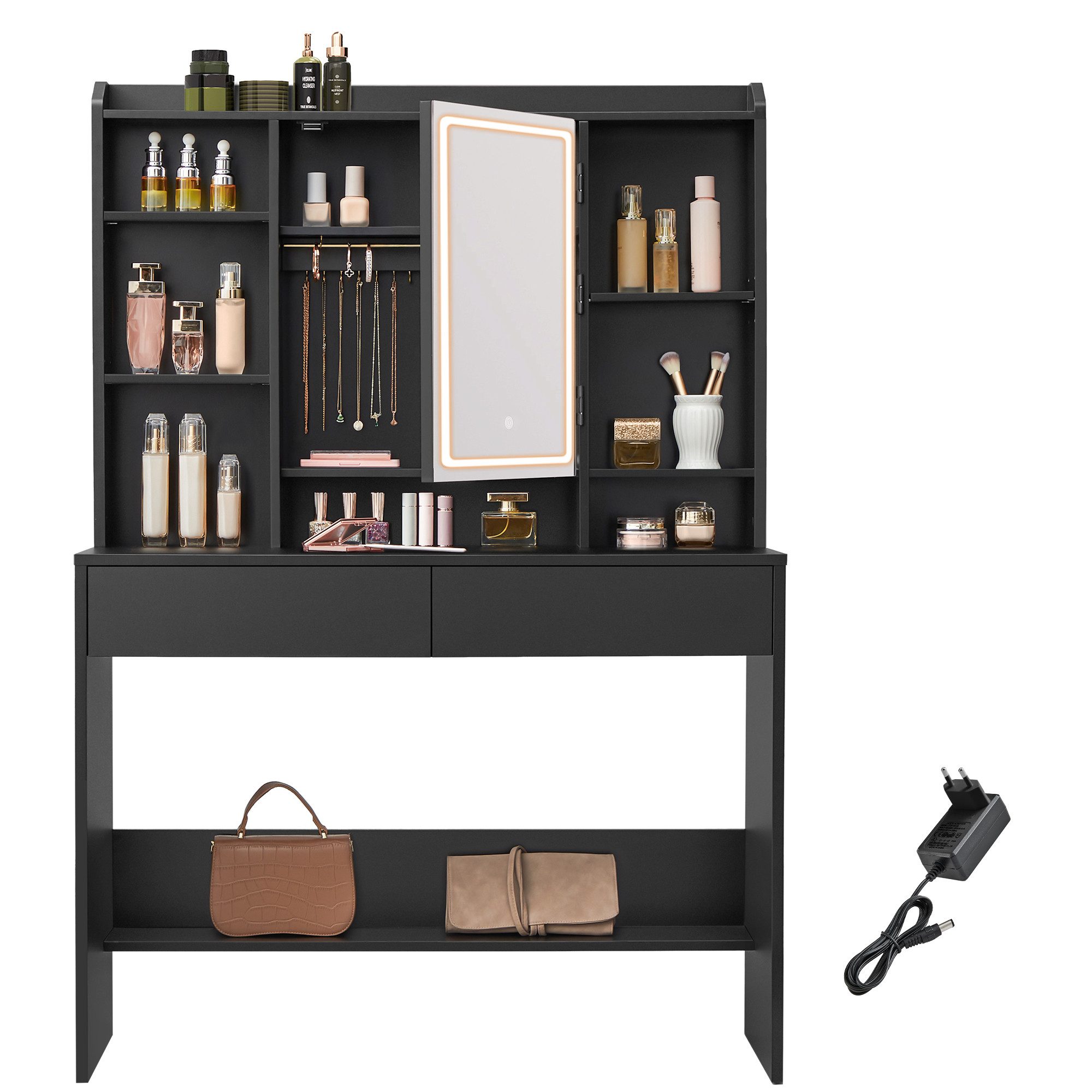 VASAGLE Schminktisch, Kosmetiktisch mit verstellbaren Ablagen, 2 Schubladen, Spiegel