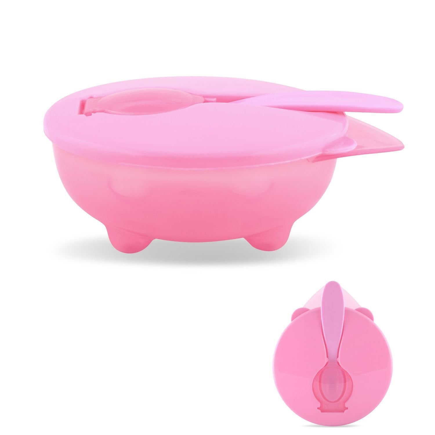 Lorelli Kunststoffteller Kinderschüssel mit Löffel, Essschale rutschfest, mit Deckel, Kunststoff rosa