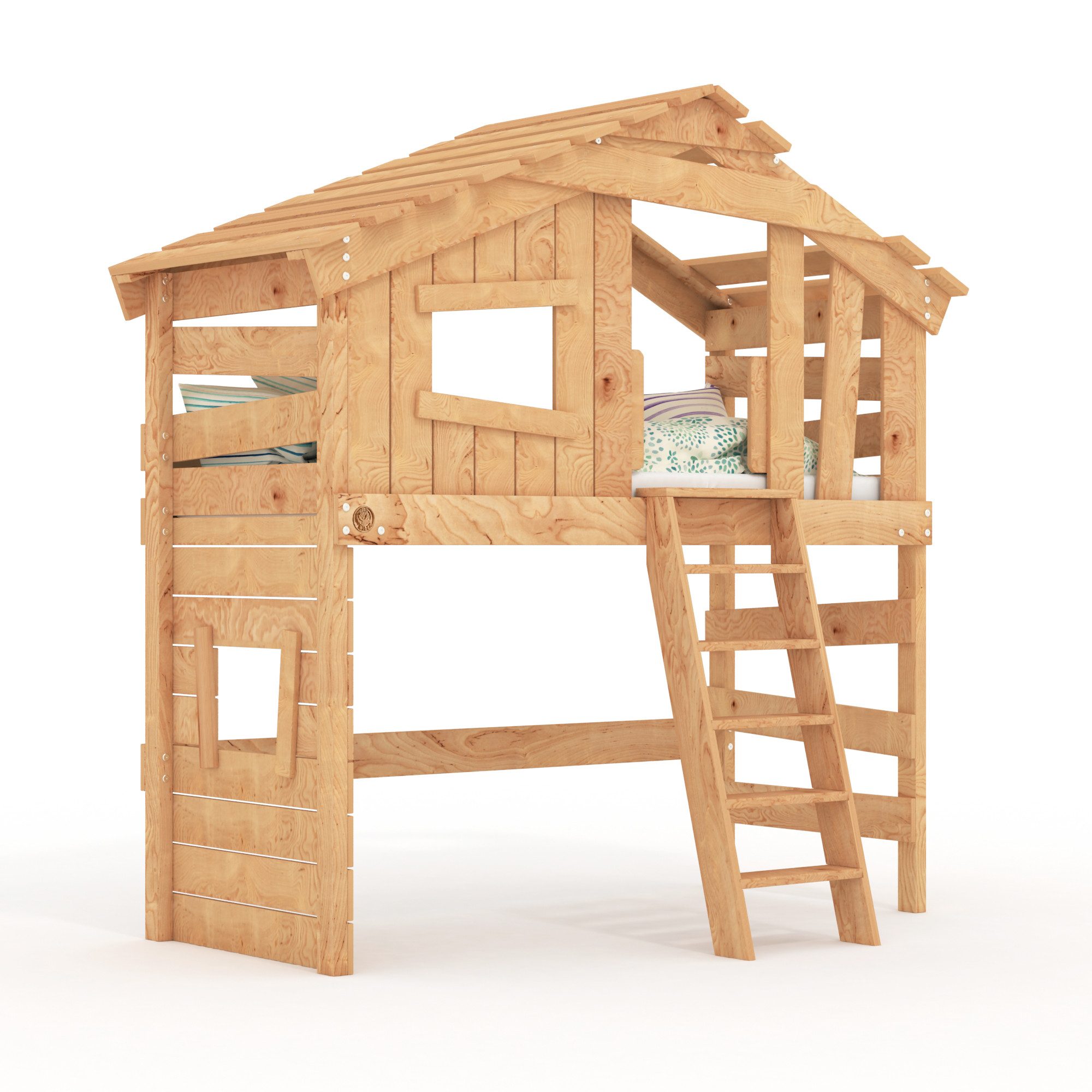 bibex Hochbett ALPIN CHALET Hochbett, Kinderbett, Etagenbett, Hausbett - natur 90x200