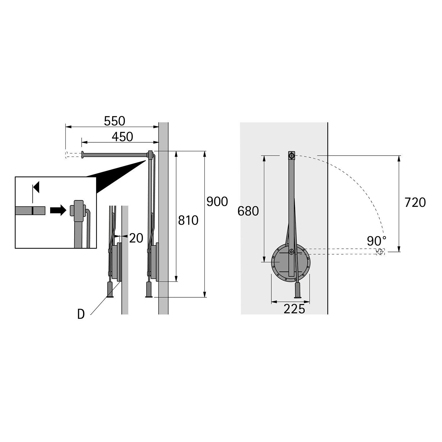 Thumbnail - Hettich Möbelbeschlag Kleiderlift Single Lift 12 rechts Alu-Finish