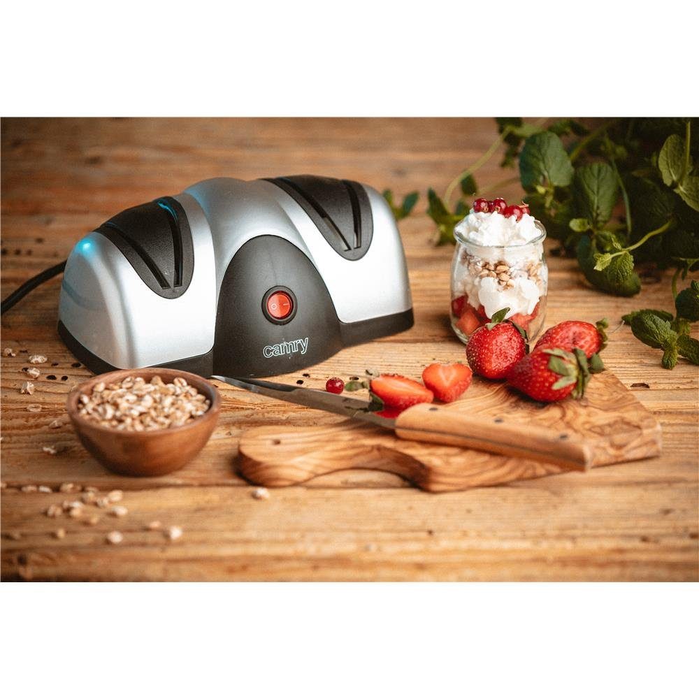 Camry Messerschärfer CR 4469, Elektrischer Metallschärfer 2in1 und Polieren, Küchenmesser Schärfen, Schwarz/Silber