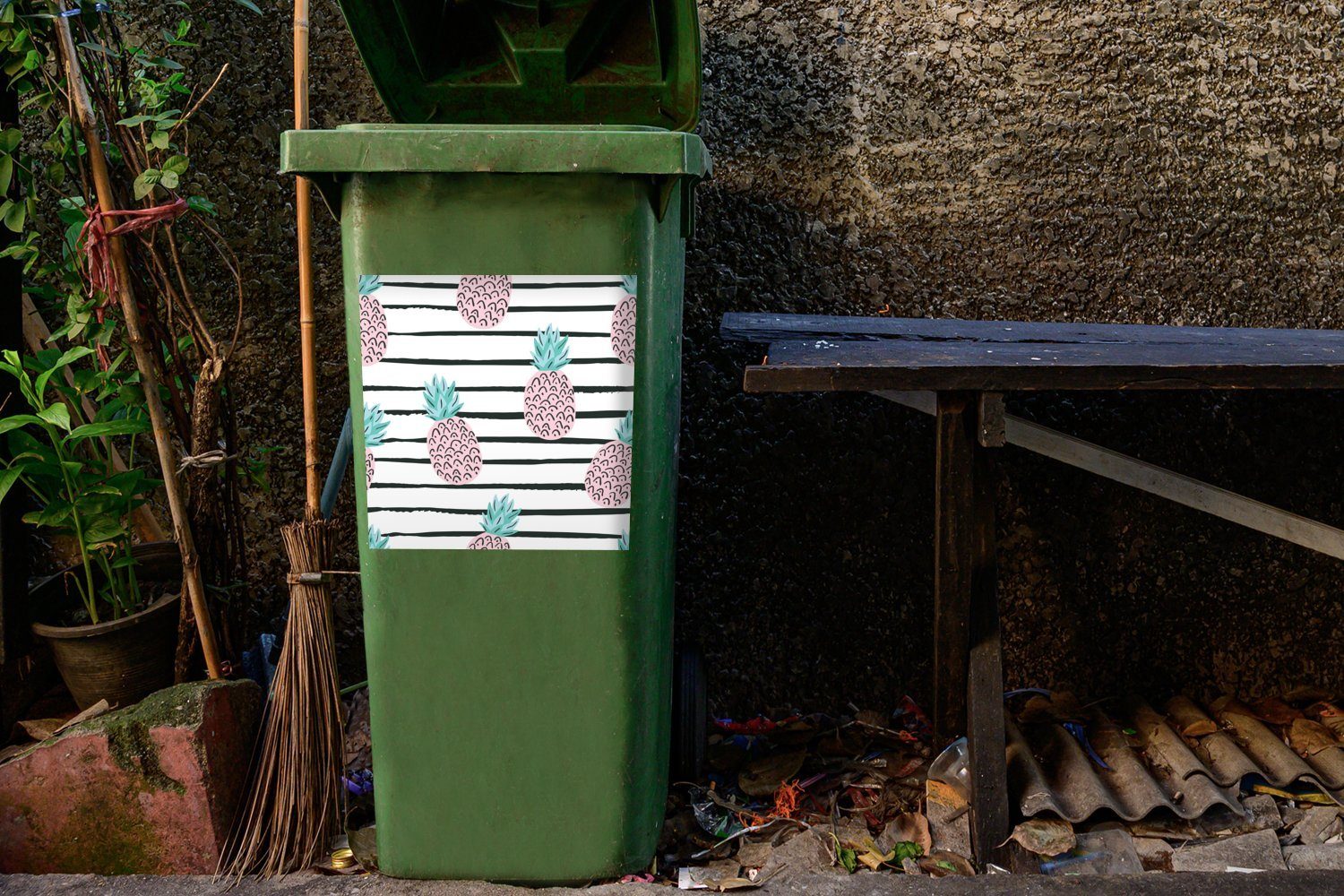 Container, Ananas (1 Sticker, Mülleimer-aufkleber, Wandsticker Streifen - MuchoWow - St), Mülltonne, Sommer Abfalbehälter