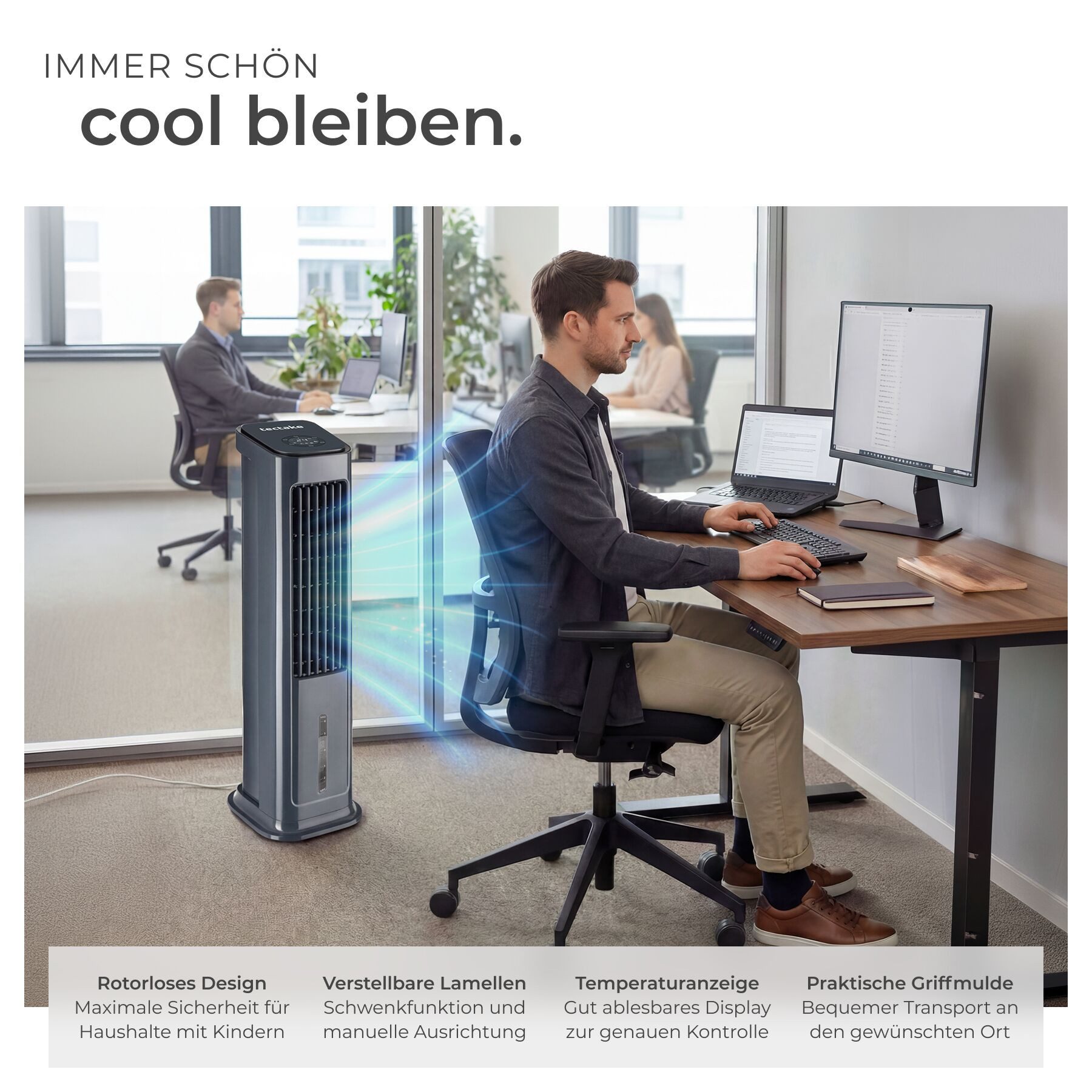 tectake Ventilatorkombigerät Luftkühler Alaska in anthrazit, leise, 3 Modi, Inkl. Fernbedienung, 4in1, 5 l Wassertank, 12-Stunden-Timer, Touch-Display, energiesparend