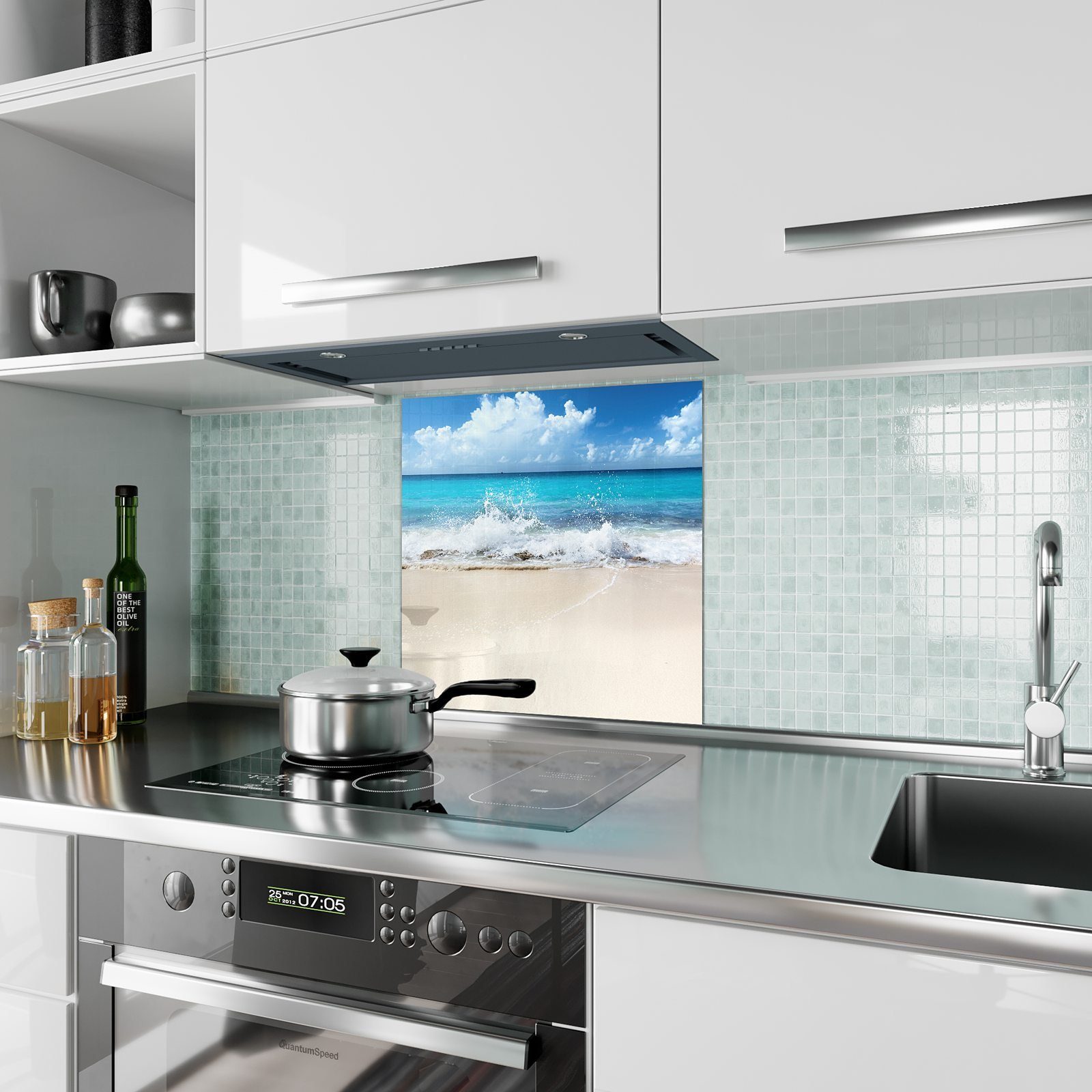 Wildes Küchenrückwand Meer Spritzschutz mit Küchenrückwand Primedeco Sand und Glas Motiv
