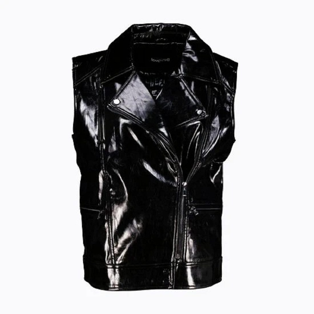 Desigual Bikerjacke Desigual Damen Jacke, Desigual Damen Bikerjacke aus Kunstleder In Unifarbe, Stehkragen, Ärmellos