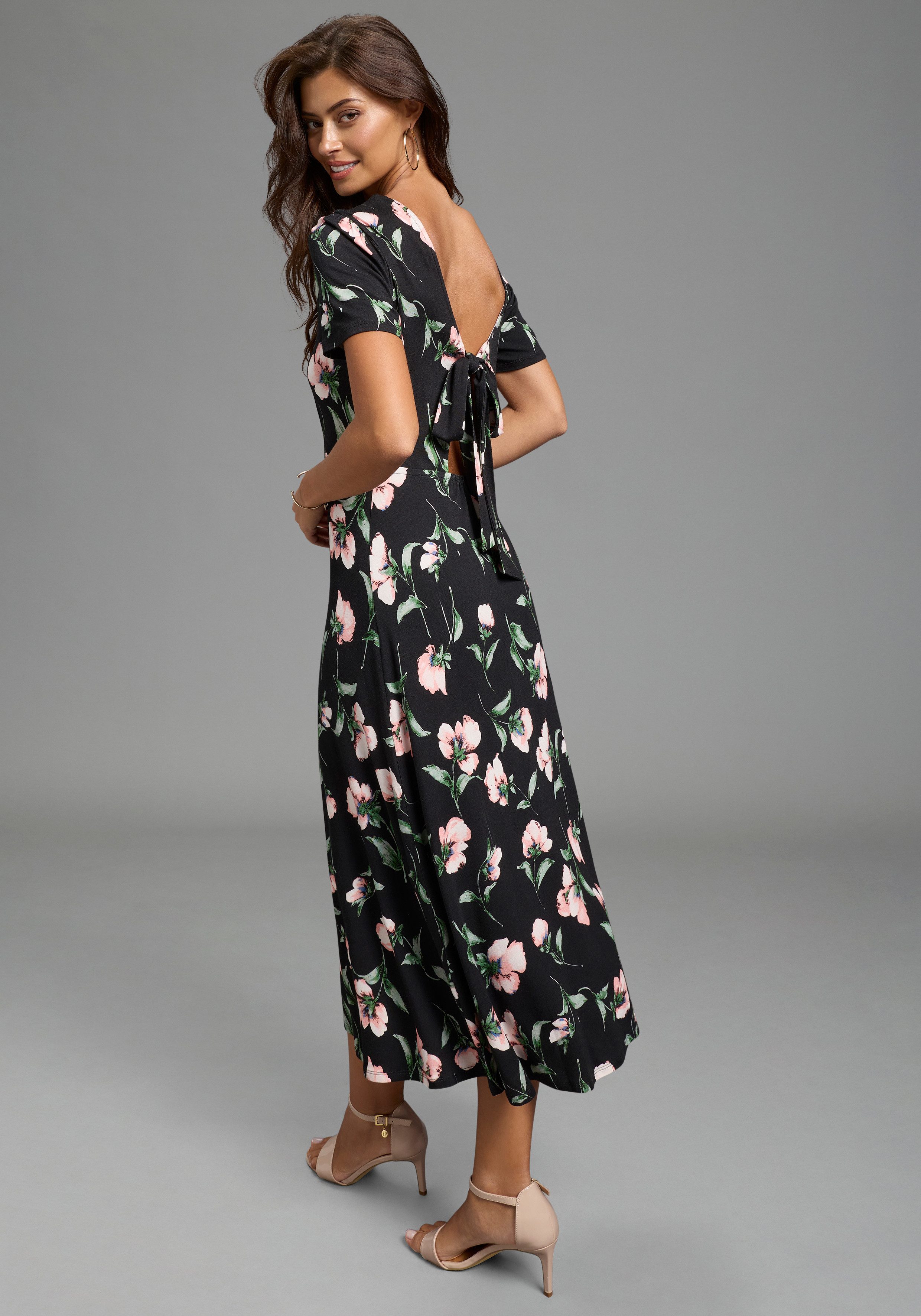 Laura Scott Midikleid mit tiefem Rückenausschnitt und Knotendetail, geblümt