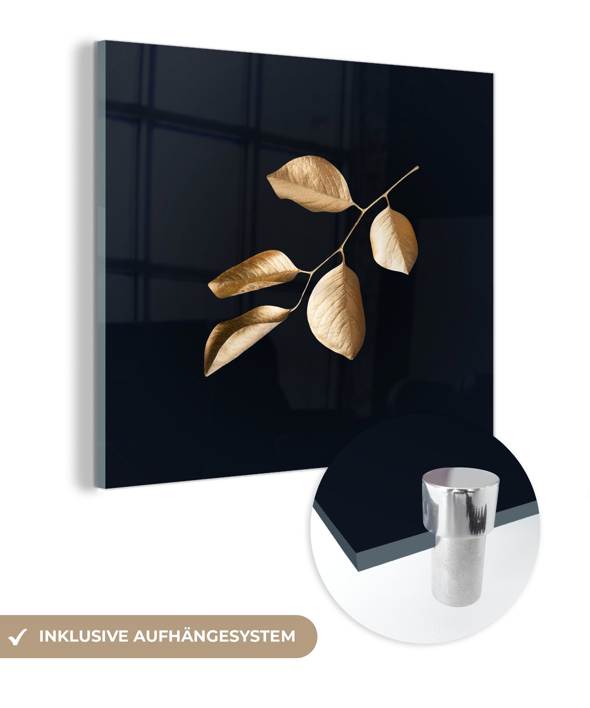 MuchoWow Acrylglasbild Blätter - Zweig - Gold - Luxus, (1 St), Glasbilder - Bilder auf Glas Wandbild - Foto auf Glas - Wanddekoration bunt