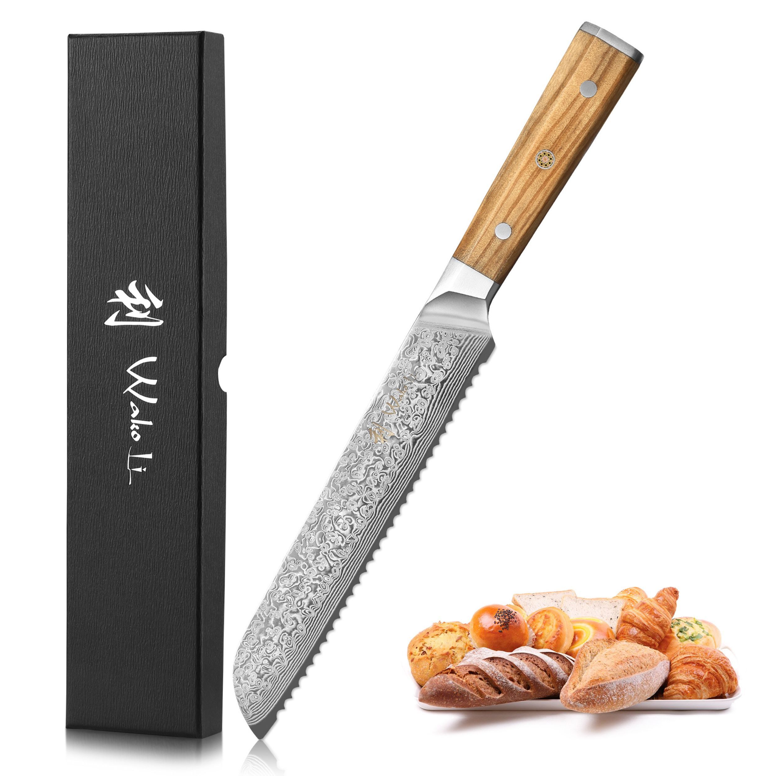 Wakoli Brotmesser Oribu Damast Brot Küchenmesser 20 cm Wellenklinge Full Tang Olivenholz, aus 67 Lagen Damaststahl, VG-10