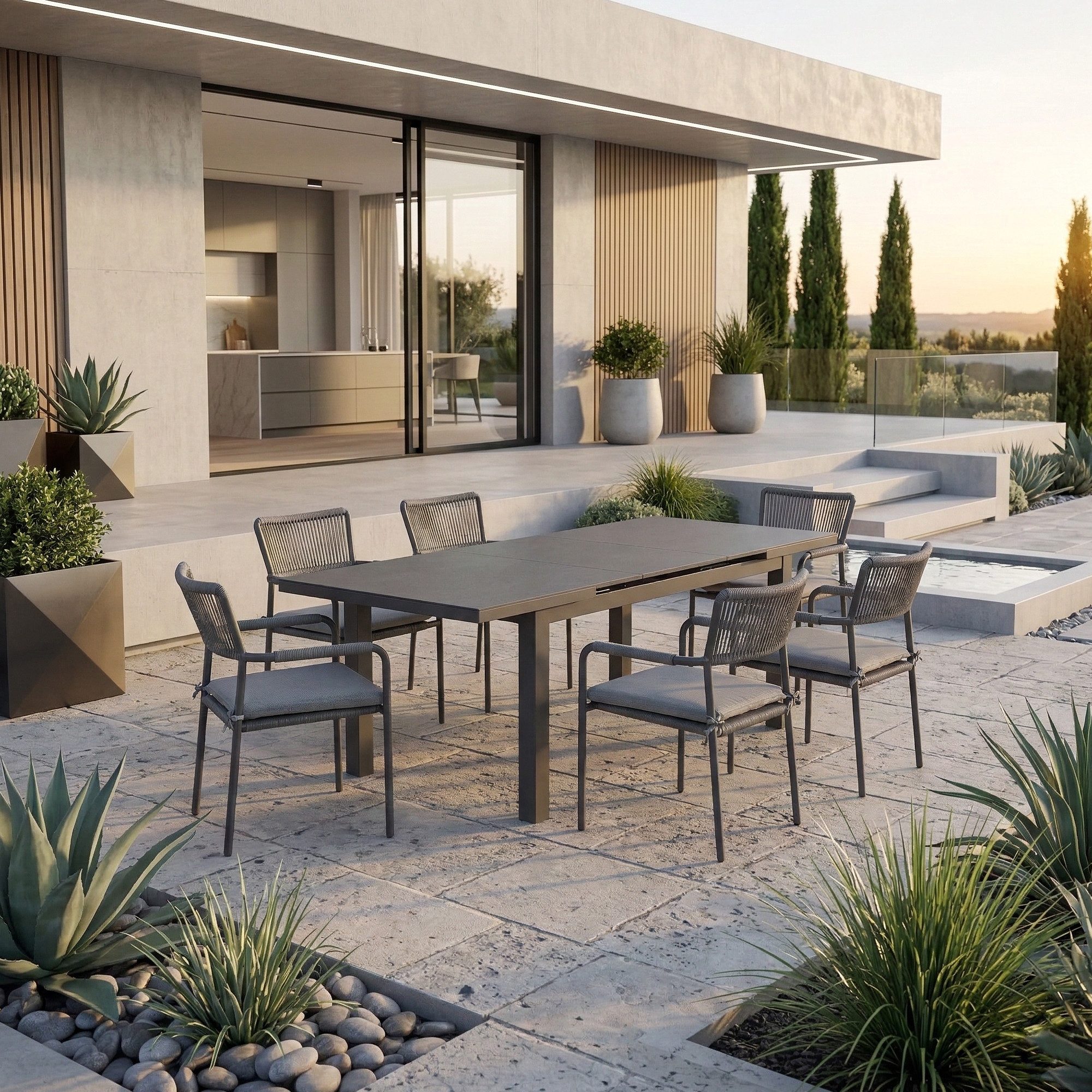 MANDALIKA Garden Garten-Essgruppe 7-teilig Essgruppe Madri 6x Stapelsessel und Ausziehtisch, Sessel stapelbar, Tisch ausziehbar