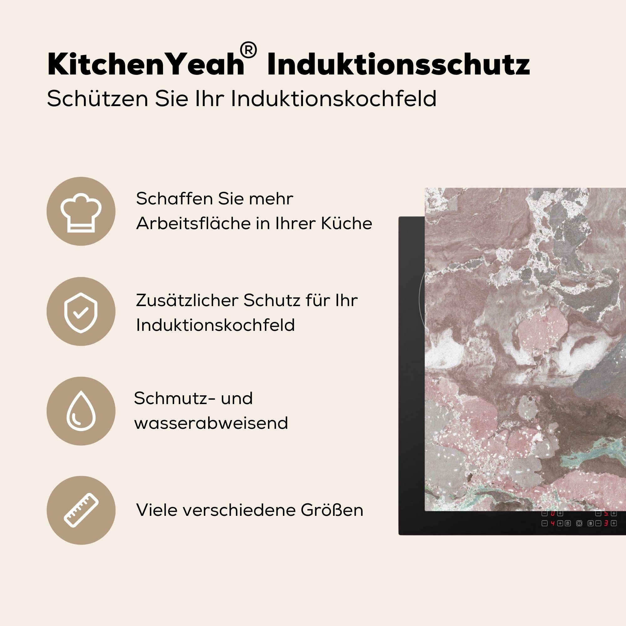 küche Granit - tlg), (1 cm, Vinyl, MuchoWow 78x78 Arbeitsplatte - Herdblende-/Abdeckplatte Rot Ceranfeldabdeckung, Kieselsteine, für