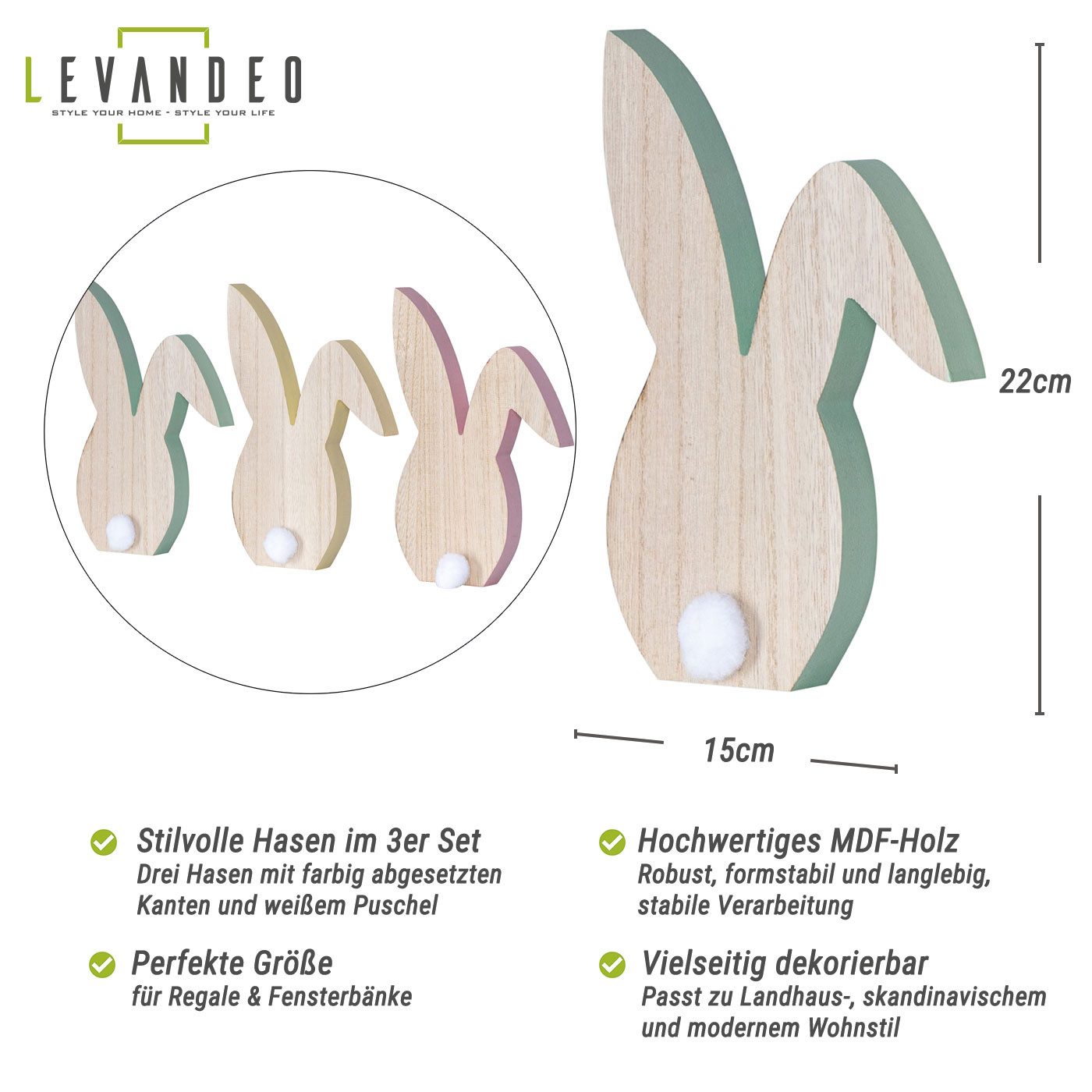 Levandeo® Osterhase, 3er Set Hase H22cm Holz Silhouette Gelb Rosa Grün Osterhase