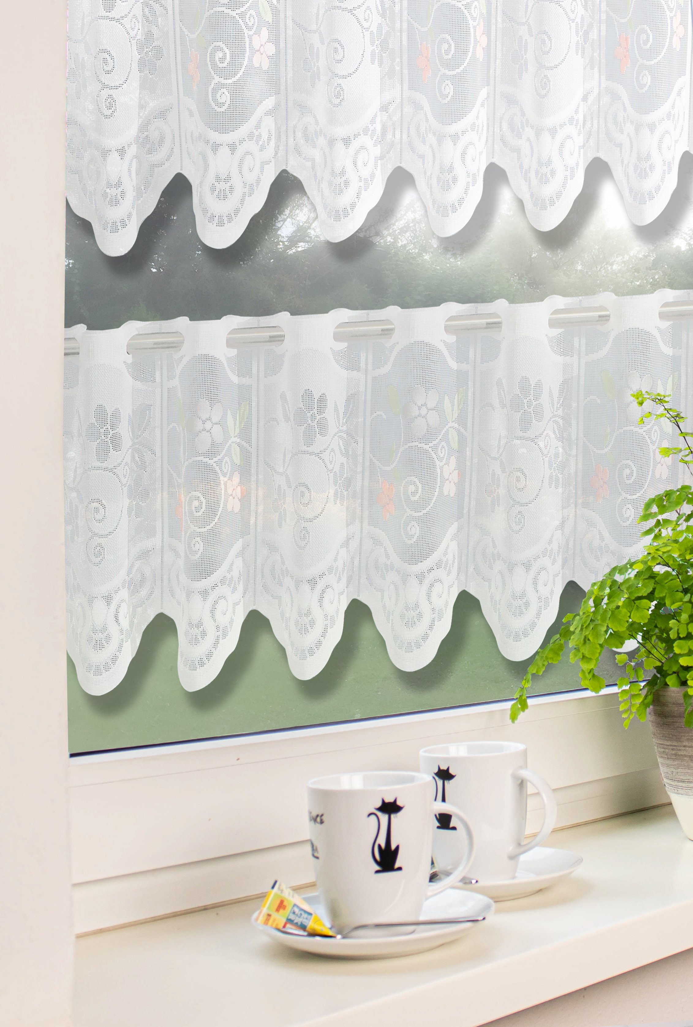 EXPERIENCE Scheibengardine Bistrogardine Set Scheibengardine Küchengardine 2342 30, 50 x 160 cm Weiß Bunt Blumen (2 St), Stangendurchzug, halbtransparent, Wirkware, Durchzugslöcher