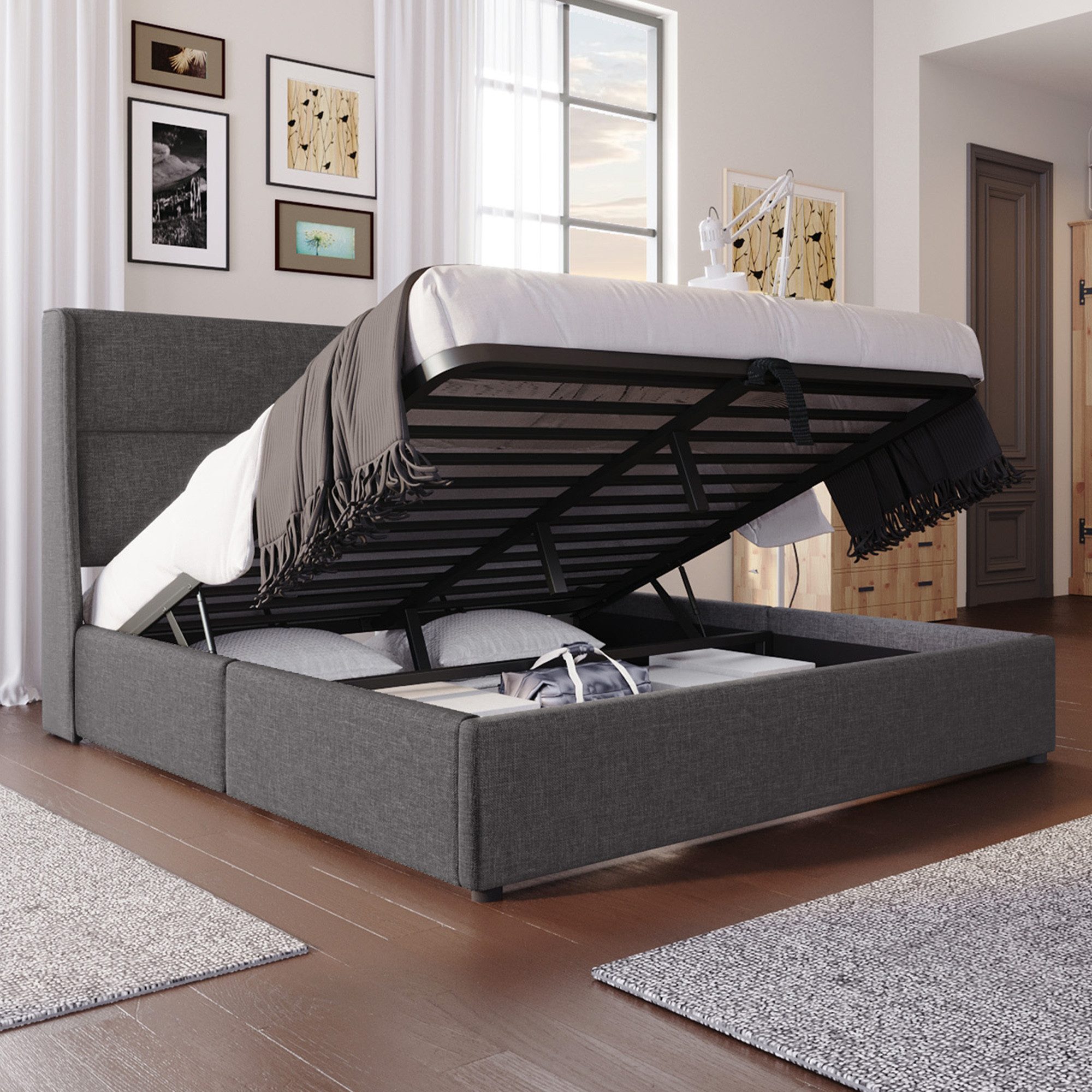 MC Star Polsterbett Doppelbett 180x200cm mit Verstellbare Kopfstützen,Hydraulisches (Hydraulisches Bettgestell mit Stauraum, Leinenmaterial Bett mit Metall- Lattenrost,Grau)