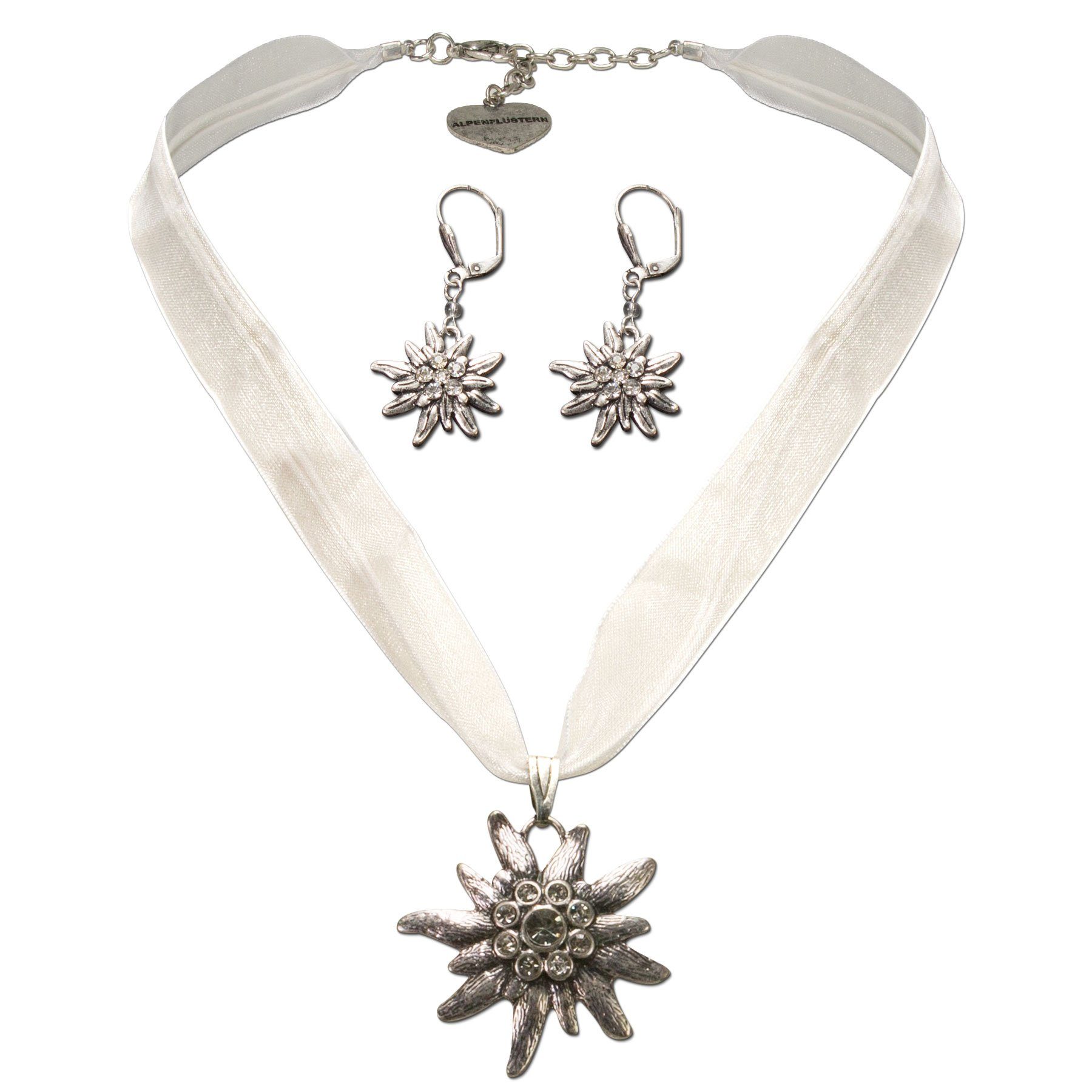 Alpenflüstern Ketten-Set Trachtenschmuck-Set Organza-Trachtenkette und Ohrhänger Strass-Edelweiß (weiß), - Damen-Trachten-Schmuck, Trachtenset Dirndl-Kette und Trachten-Ohrringe