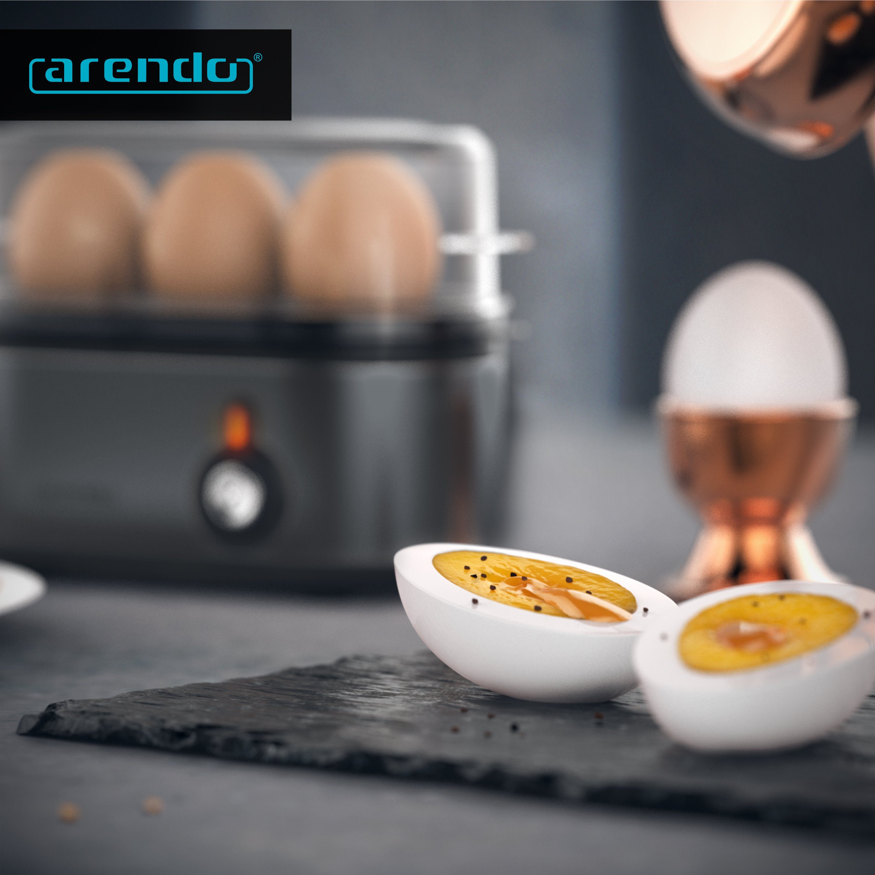 Arendo Eierkocher 3-fach, Edelstahl, frei wählbarer Härtegrad, Ein / Aus-Schalter, Anzahl Eier: 3 St., 210 W, Threecook Egg Cooker, GS, BPA-frei, für 1 bis 3 Eier