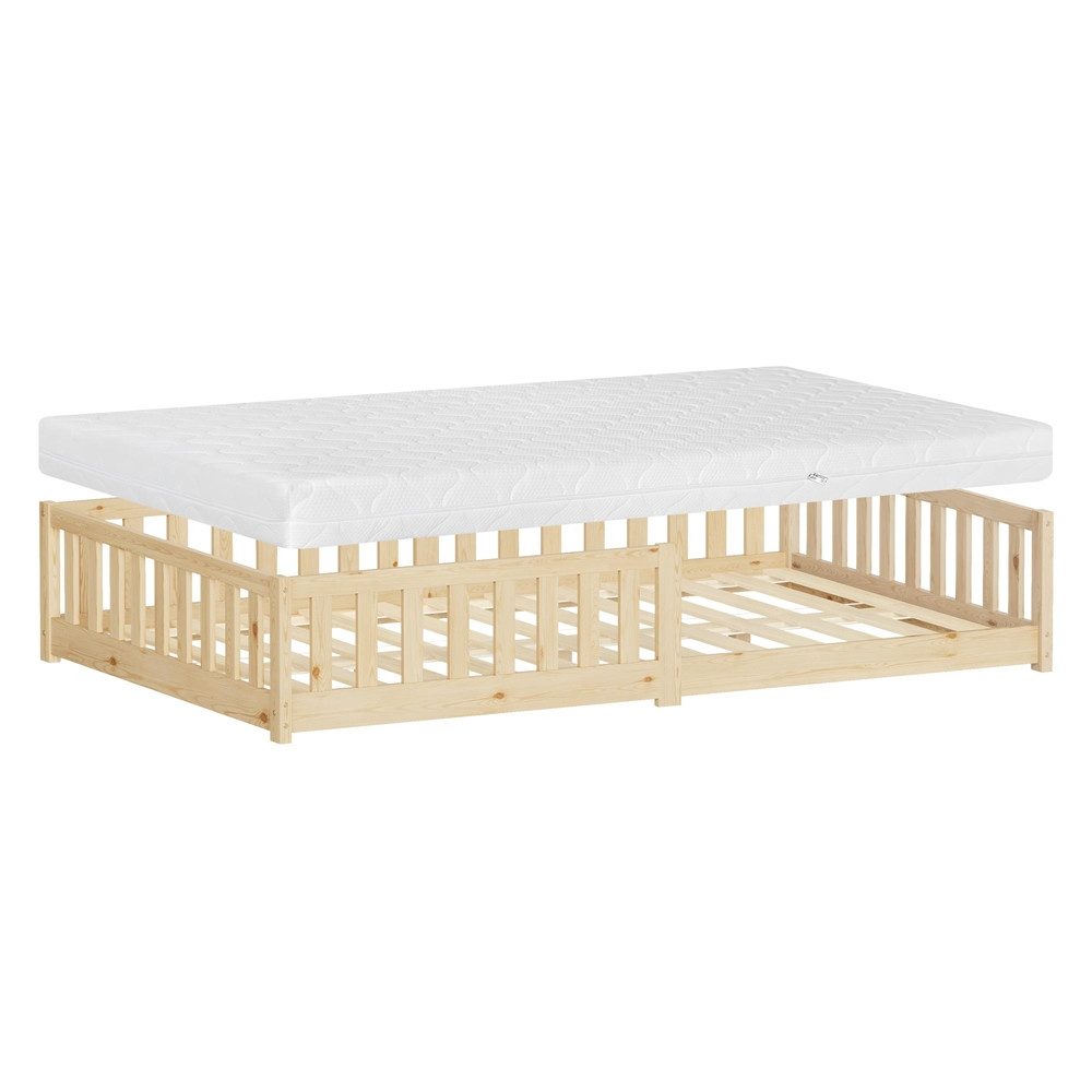 ML-DESIGN Spielbett Bodenbett Holzbett mit Lattenrost & Rausfallschutz Jugendbett Babybett, Abenteuerbett mit Matratze H-16 cm 120x200cm Kinderbett Bettgestell