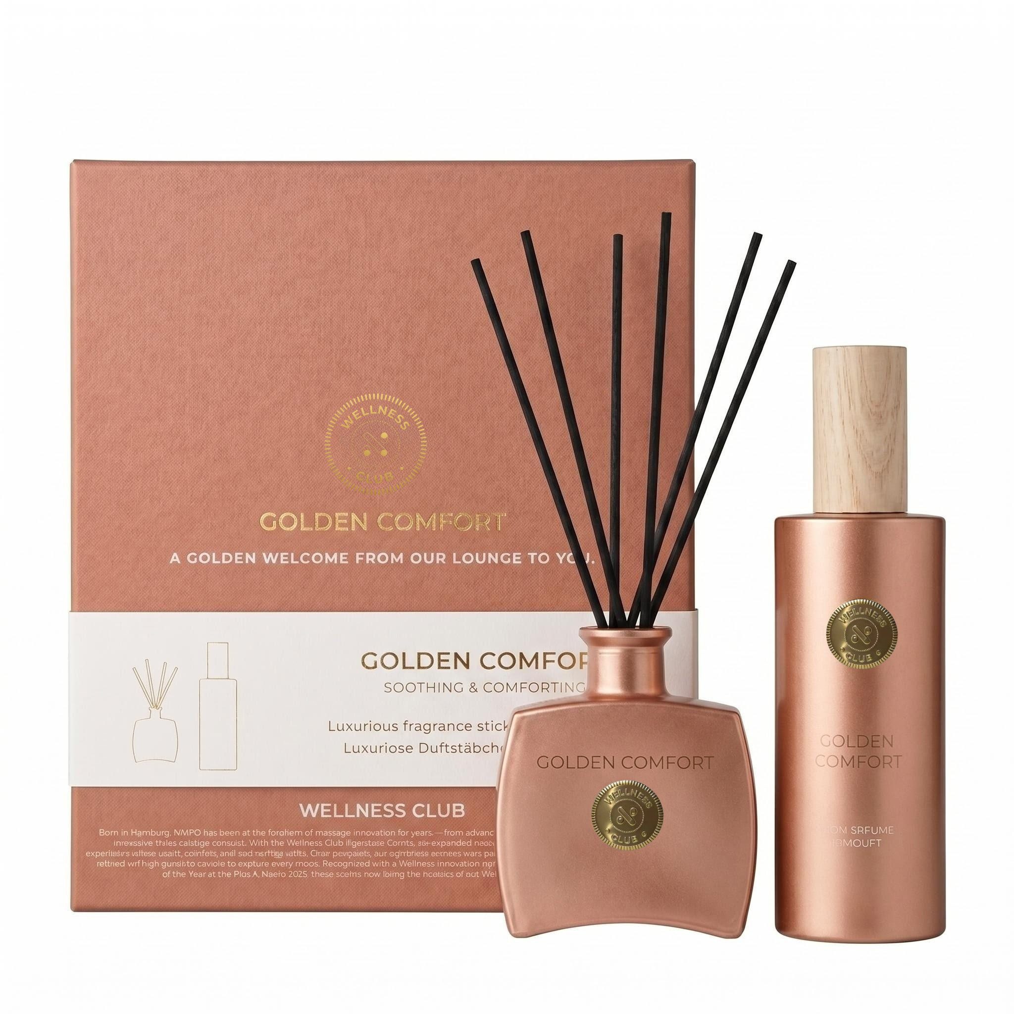NAIPO Räucherstäbchen Wellness Club GOLDEN COMFORT Vanille Geschenkset, Räucherstäbchen Diffusor 100ml + Raumduft Spray 200ml