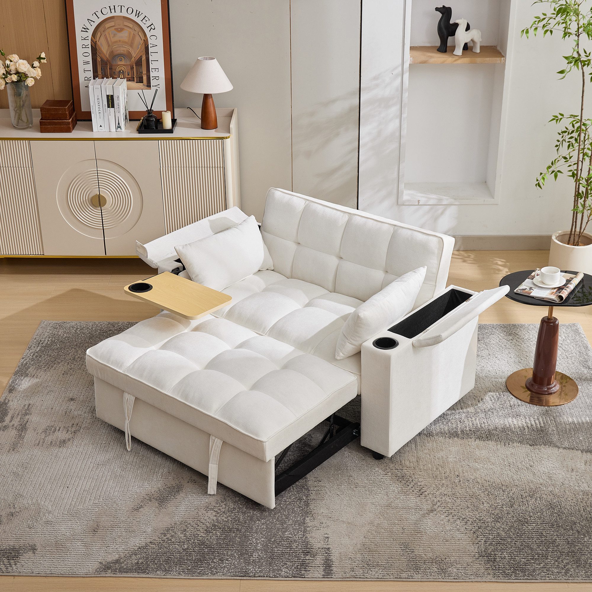 Merax Schlafsofa 3-in-1 Loungesofa faltbar Sofa mit USB & verstecktem Tisch, 1 Teile, 2-Sitzer Sofa mit verstellbarer Rückenlehne, Getränkehalter & Rollen