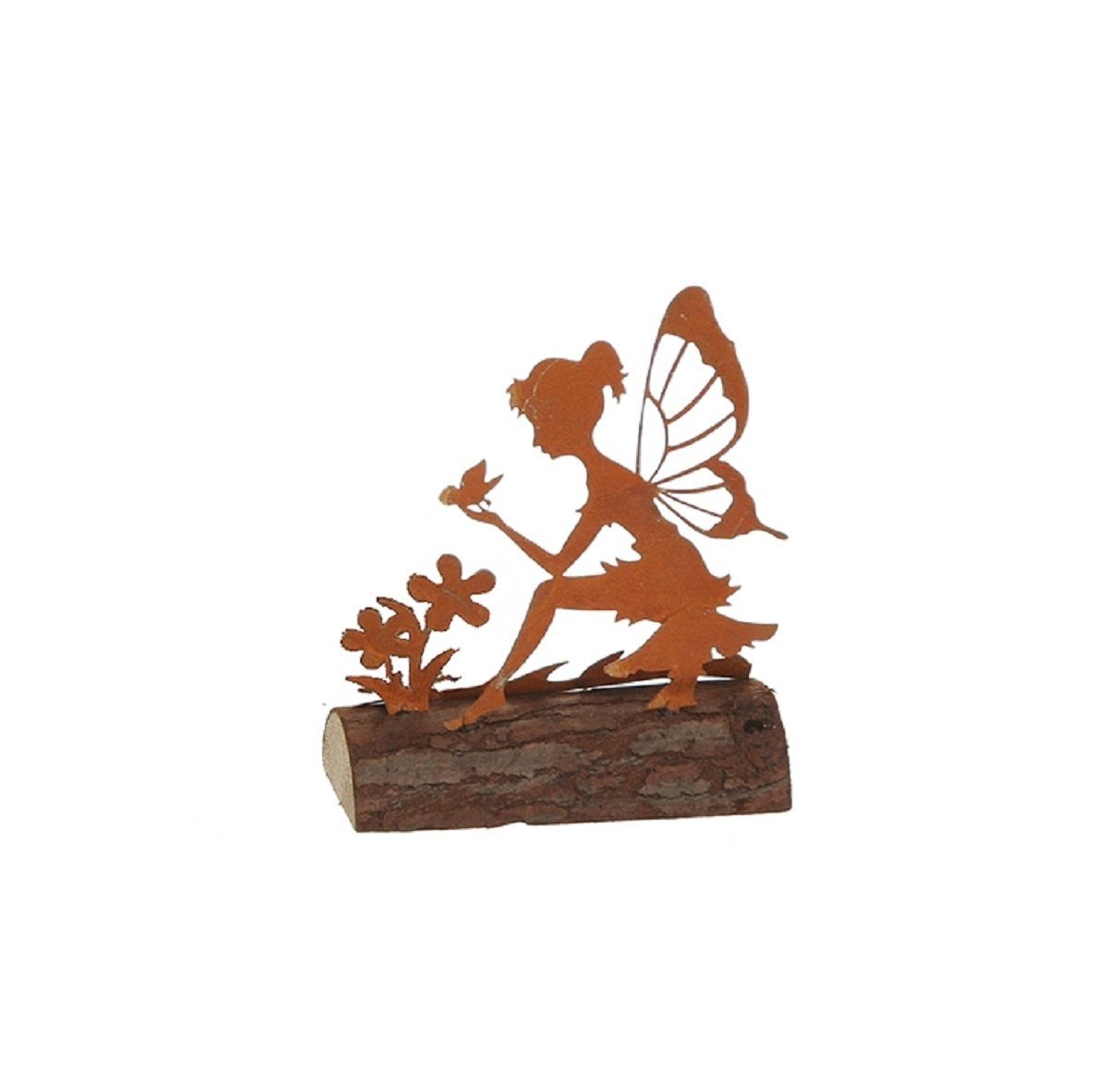 Linoows Dekoobjekt Garten Figur Elfe auf Baumstamm, Garten Skulptur, Elfe auf Baumstamm, kleine Garten Skulptur aus rostigem Eisen