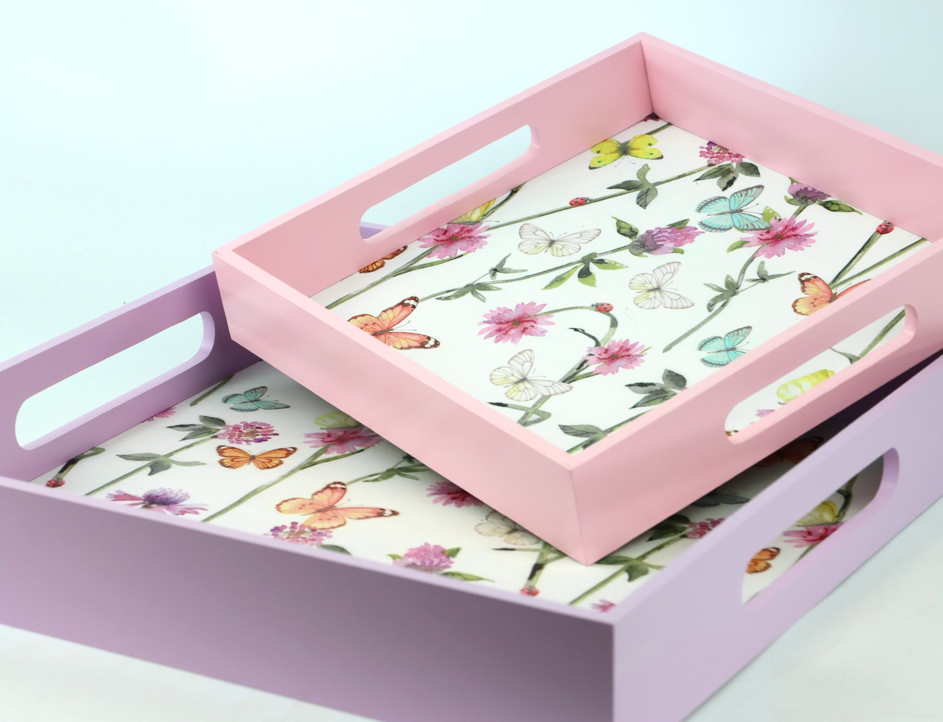 FURNARO Servierplatte, Holz, (2-tlg), bunt bedruckt, rechteckig, mit floralen Schmetterlingsmotiven