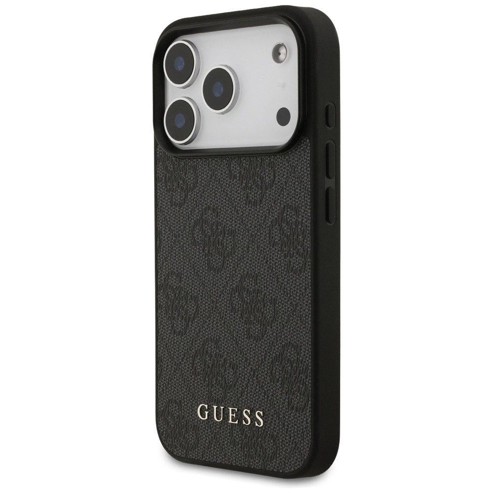 Guess Handyhülle iPhone 17 Pro Kunstleder grau Classic Logo goldfarben Metall 6,3 Zoll, Kantenschutz