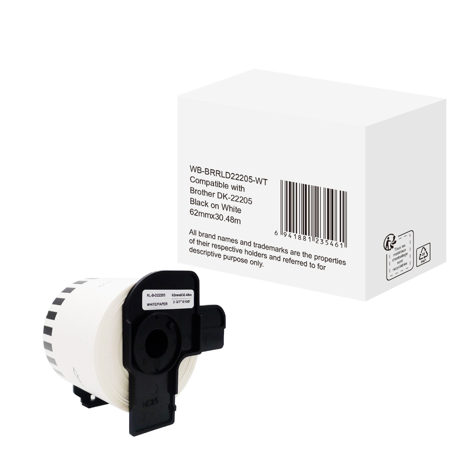 Etiketten Etikett wie Brother DK-22205 62mmx30,48m schwarz auf weiß