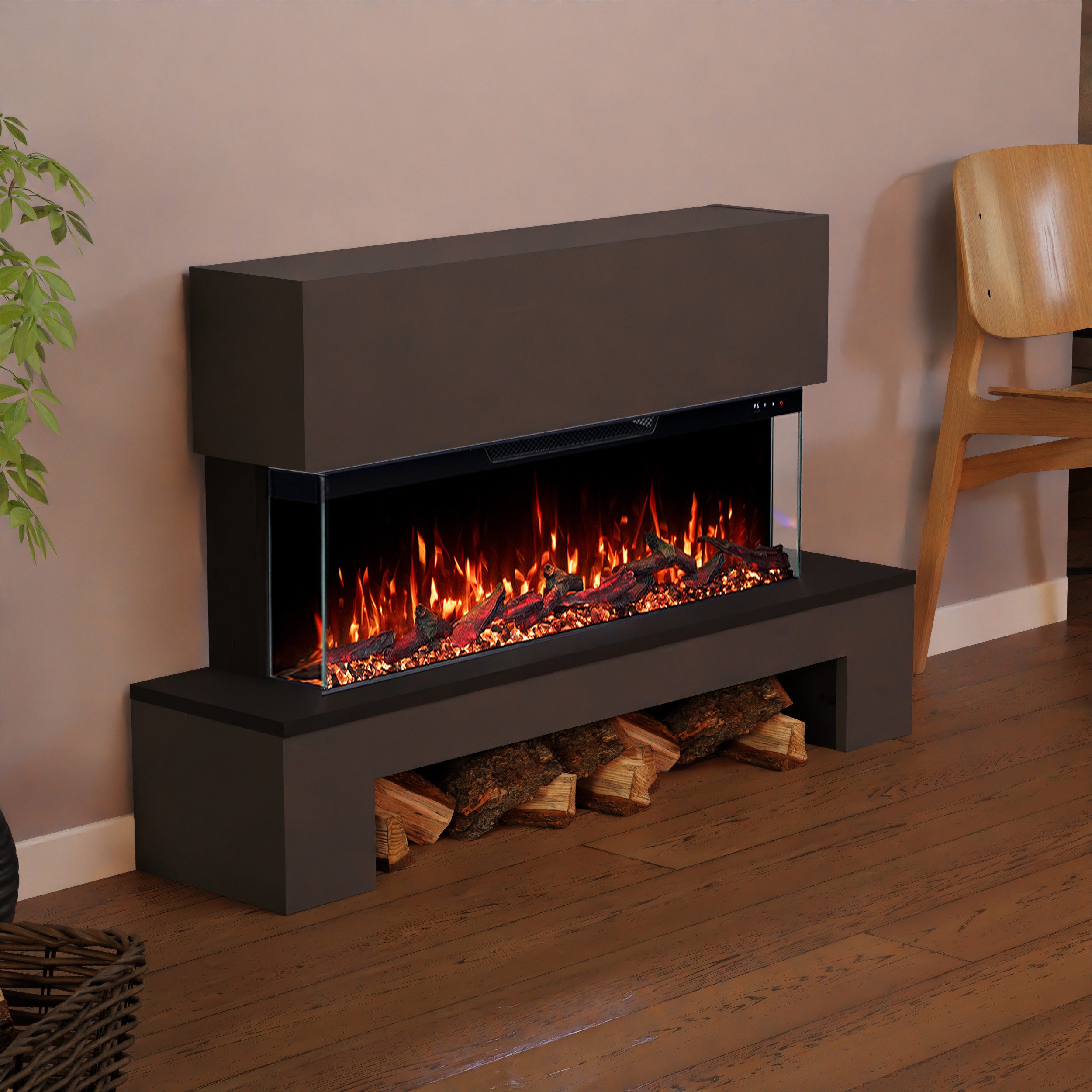 GLOW FIRE Elektrokamin Cobalt mit Holzfach, Standkamin mit 3D Feuer und Heizung (Thermostat), Elektrischer Kamin mit APP Steuerung, Heizleistung (900- 1800 W)