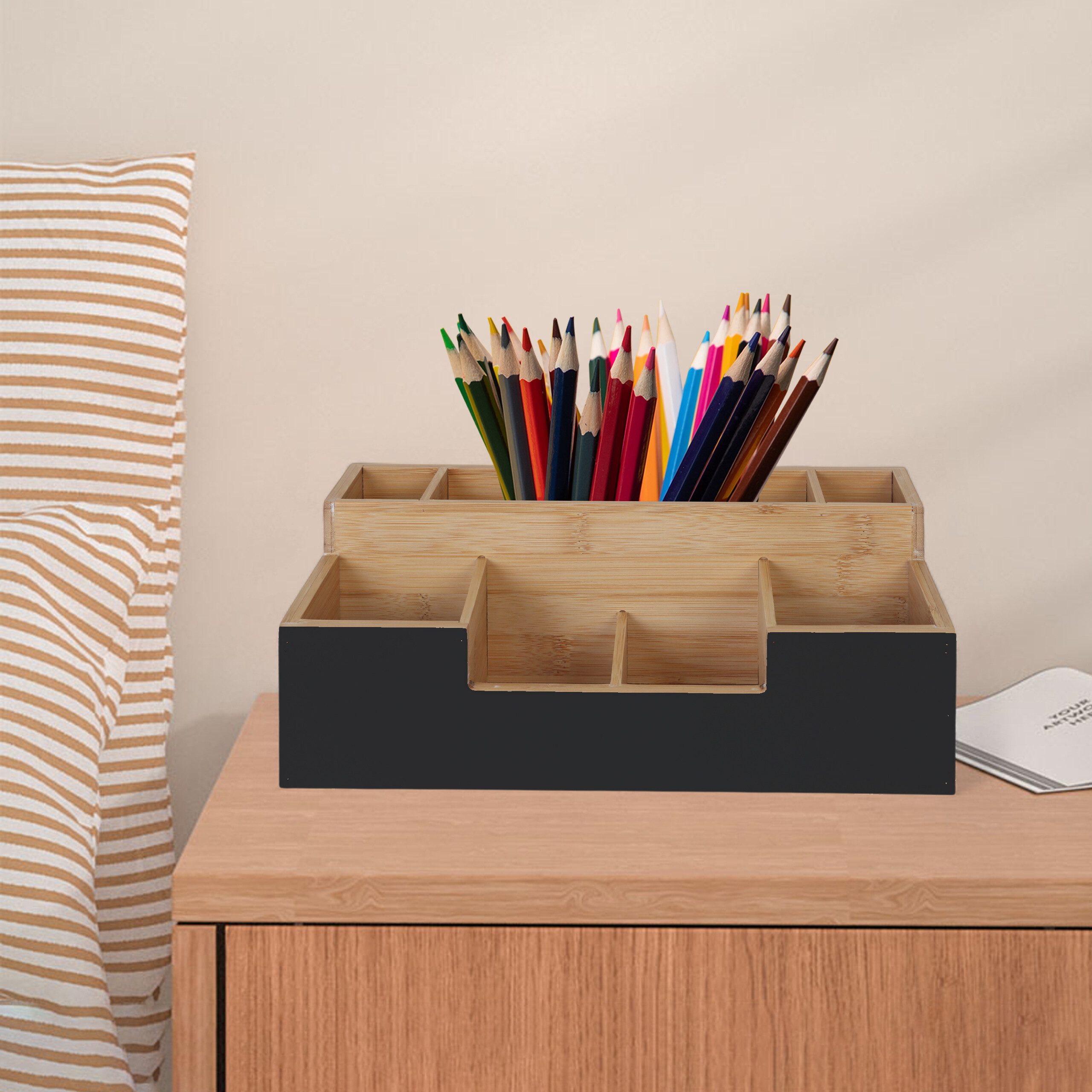 relaxdays Organizer Schreibtisch Organizer Bambus 7 Fächer, schwarz